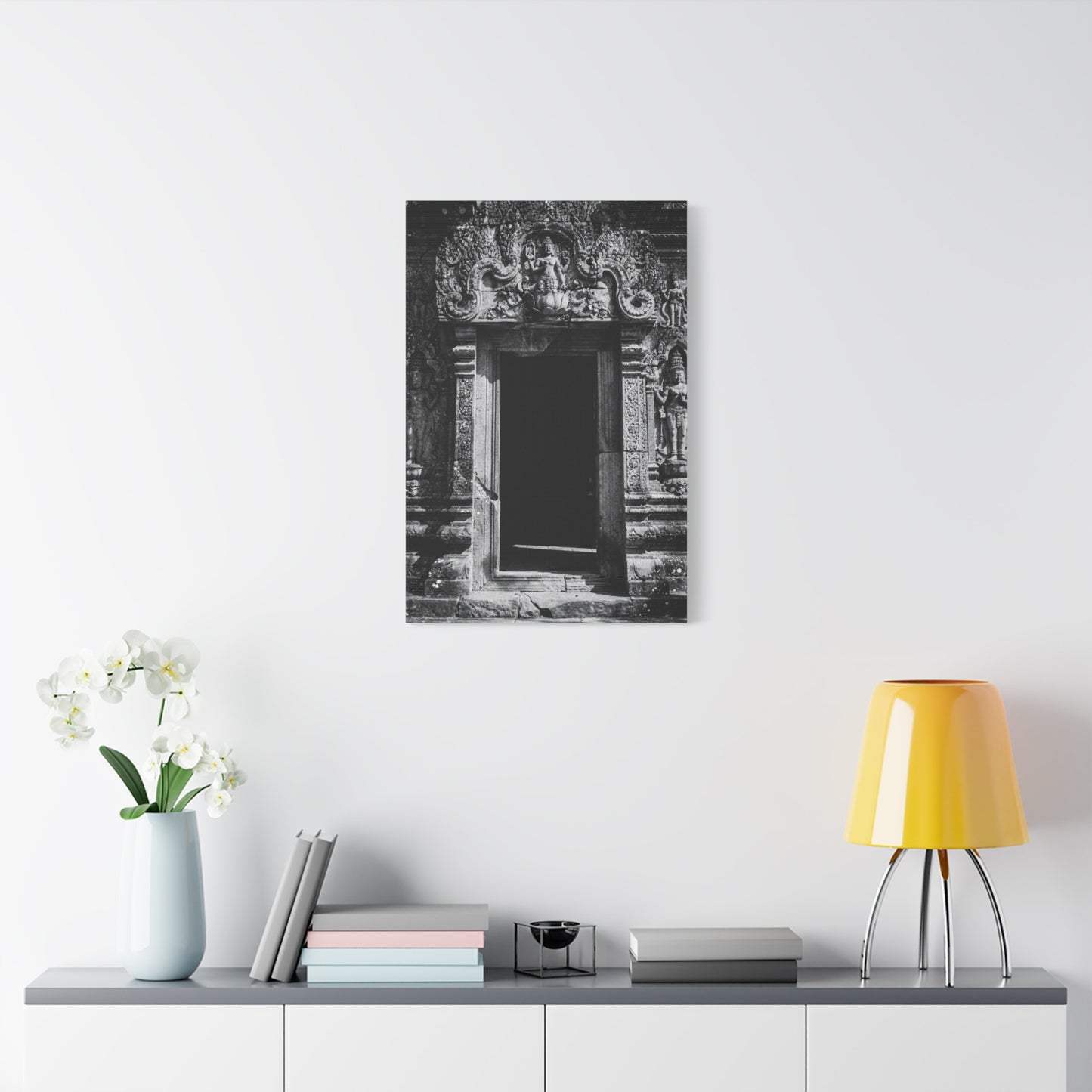 Buddhist Temple Doorway Canvas Wall Art - Black And White Stone Carving, Religious Architecture Print, Traditional Monochrome Decor - Living Room Wall Decor, Office Art - Bedroom Home Decoration