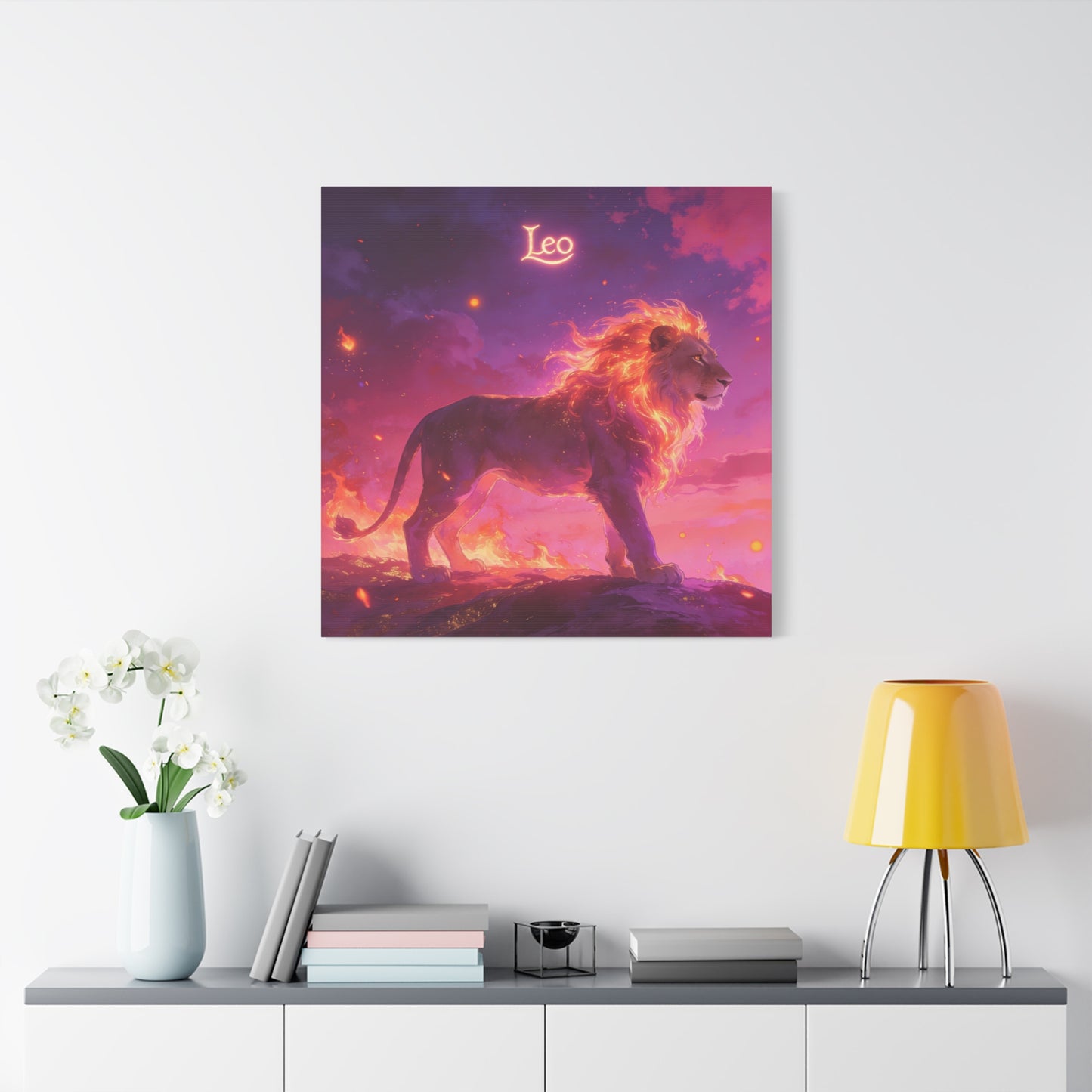 "Leo" Lion Canvas Wall Art - Fiery Zodiac Illustration, Purple Pink Sky, Matte Finish Canvas Print - Modern Astrology Decor, Bedroom Home Decoration, Office Wall Art Accent - Bedroom Home Decoration