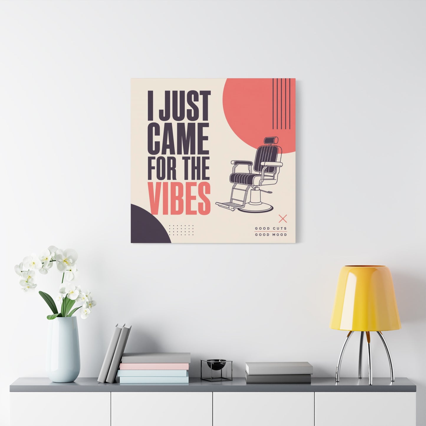 "I Just Came For The Vibes" Typography Canvas Wall Art - Barber Chair Line Illustration, Coral And Black Modern Salon Wall Decor - Minimalist Quote Print For Barbershop Lobby Workspace - Ready to Hang