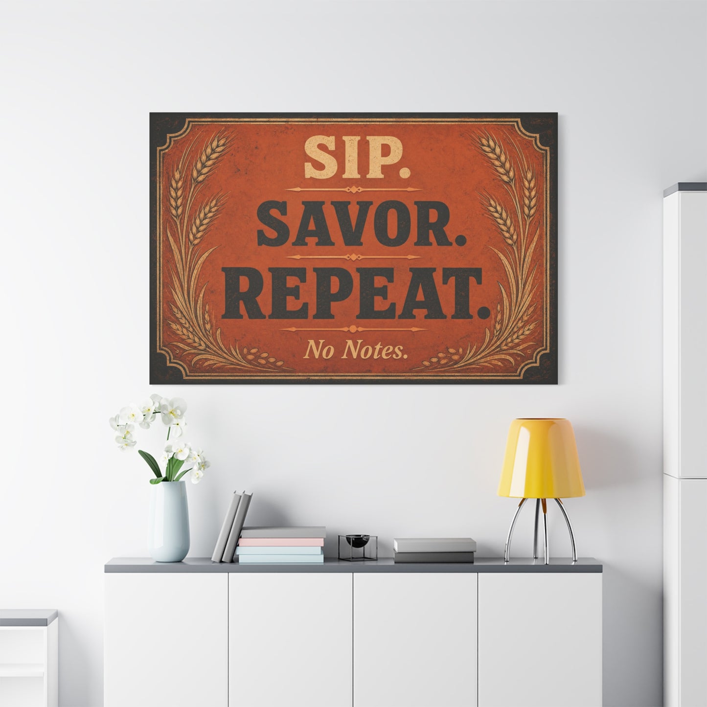 "Sip. Savor. Repeat. No Notes." Typography Canvas Wall Art - Vintage Bar Decor - Rustic Farmhouse Style - Ready to Hang Wall Hanging - Cocktail Lounge Decor - Speakeasy Style Sign - Matte Finish Print