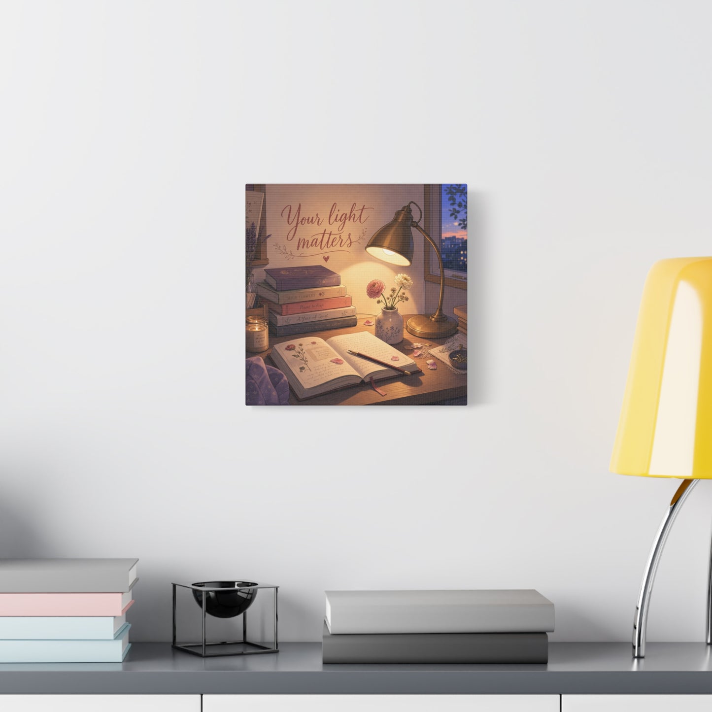 "Your Light Matters" Inspirational Canvas Wall Art - Cozy Desk Lamp Books Floral Print - Warm Vintage Bedroom Wall Decor - Reading Nook Home Decoration - Ready to Hang - Bedroom Home Decoration