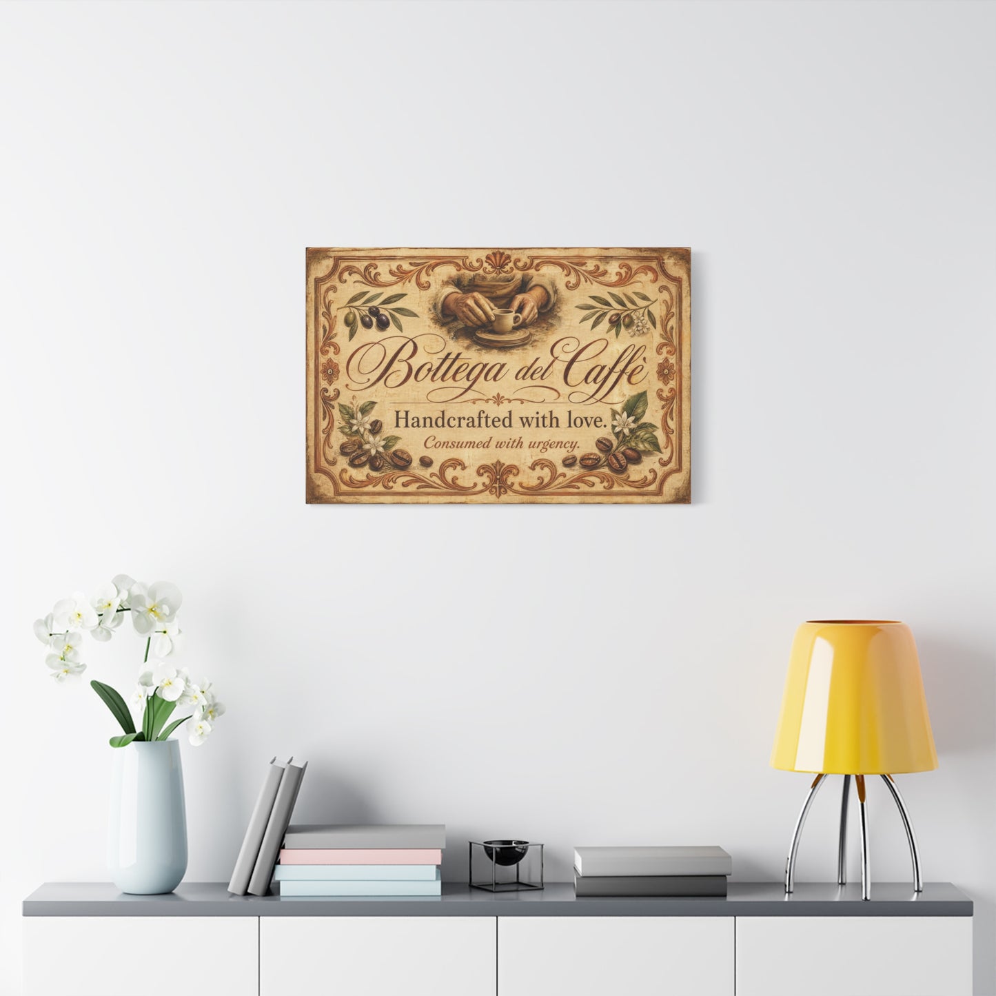 "Bottega del Caffe" Canvas Wall Art - Vintage Italian Coffee Quote Print, Olive Branches, Beans, Rustic Farmhouse Decor, Cafe Wall Hanging - Modern Farmhouse Style - Coffee Shop Decor - Ready to Hang