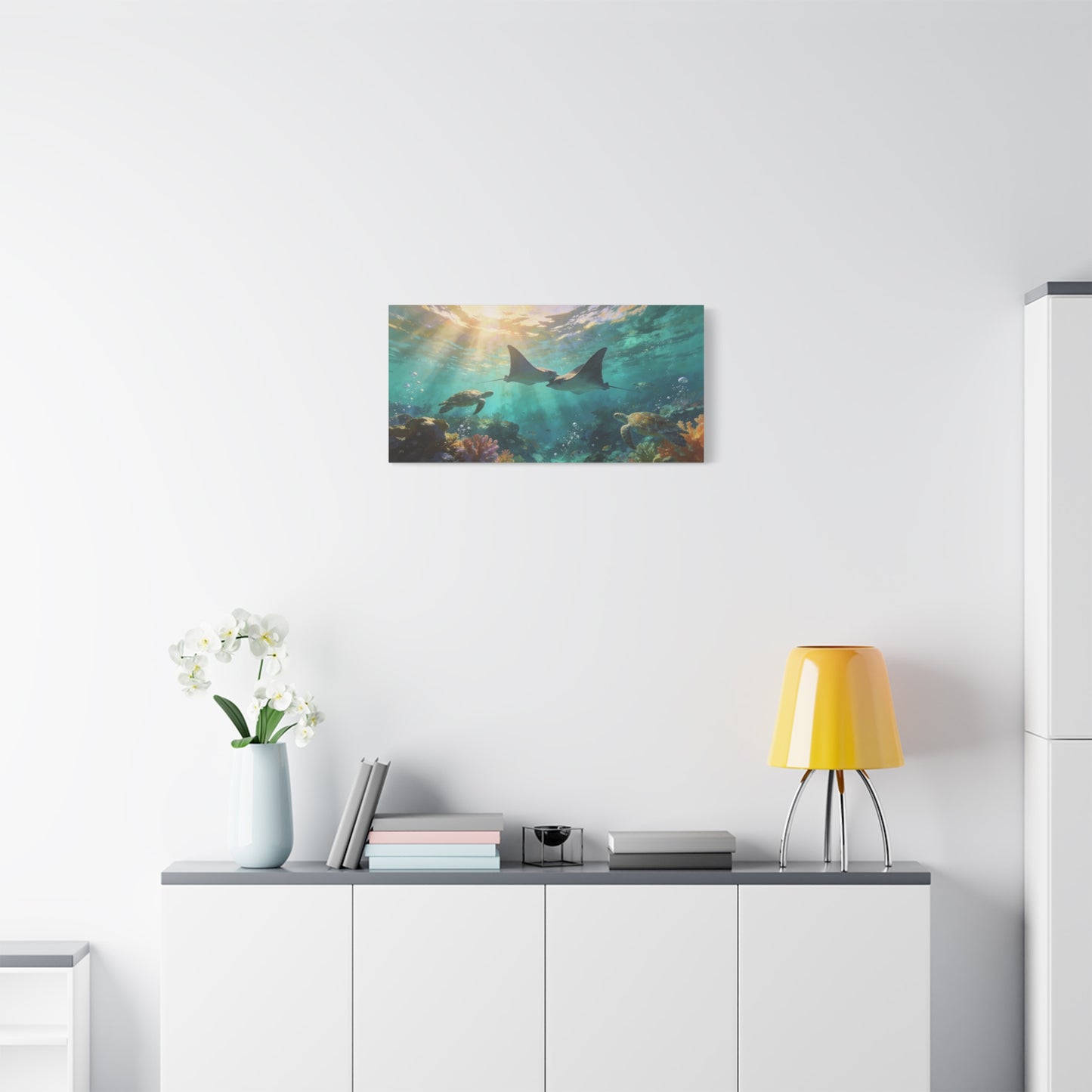 Manta Ray And Sea Turtle Canvas Wall Art - Underwater Ocean Reef Scene, Coastal Wall Decor - Matte Cotton Canvas Print - Contemporary Seascape Style - Living Room Bedroom Office - Ready to Hang