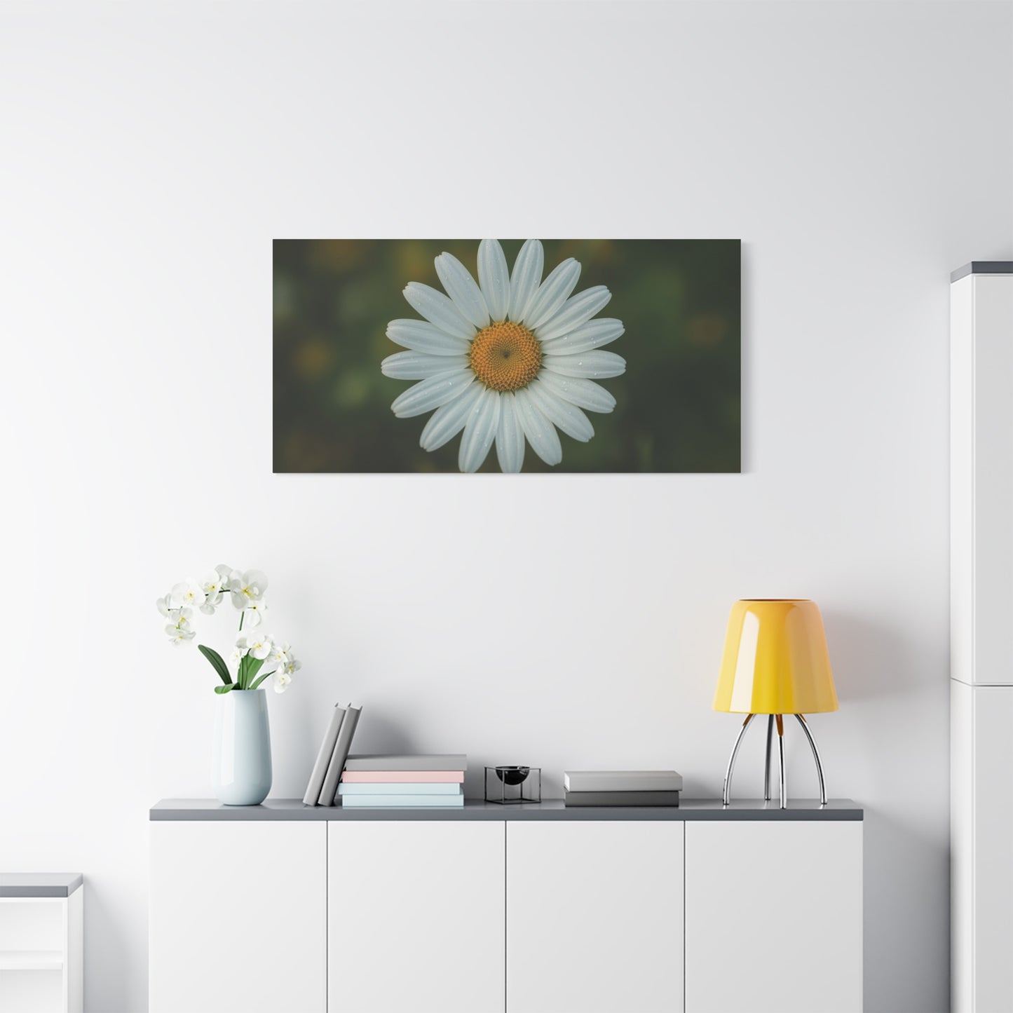 White Daisy Canvas Wall Art - Botanical Flower Close Up Art Print, Soft Green Background - Matte Cotton Art Print, Minimalist Floral Style - Bedroom Wall Decor Office Accent - Modern Farmhouse Style