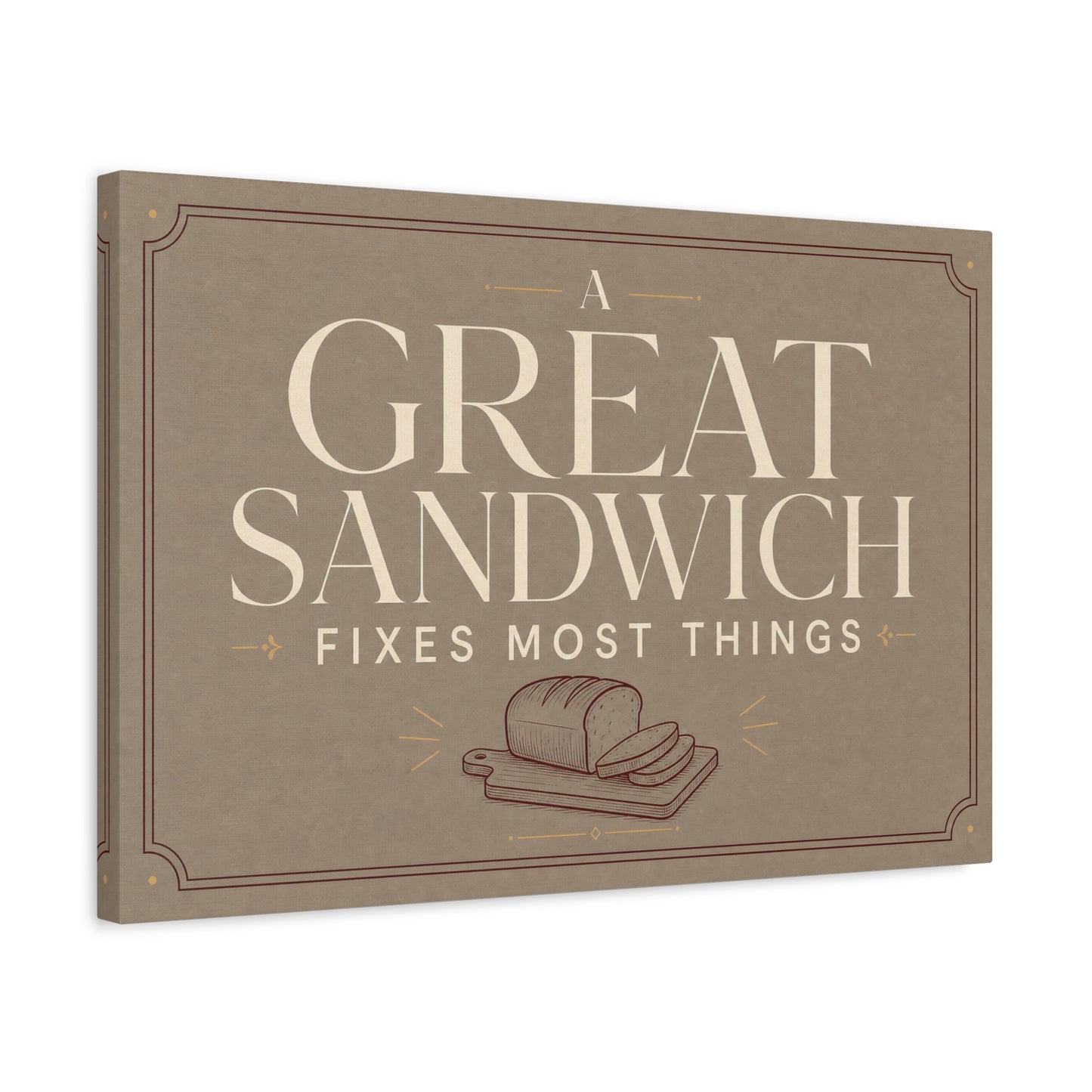 "A Great Sandwich Fixes Most Things" Canvas Wall Art - Vintage Typography Bread Illustration - Neutral Farmhouse Style - Funny Food Quote - Deli Wall Decor - Sandwich Shop Sign - Diner Decor