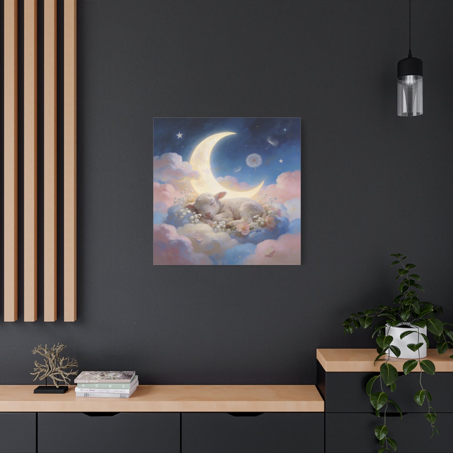 Sleeping Lamb Canvas Wall Art - Crescent Moon, Stars, Pink Clouds Nursery Decor - Dreamy Pastel Canvas Print - Whimsical Storybook Style - Bedroom Home Decoration, Kids Room Accent - Office Wall Art