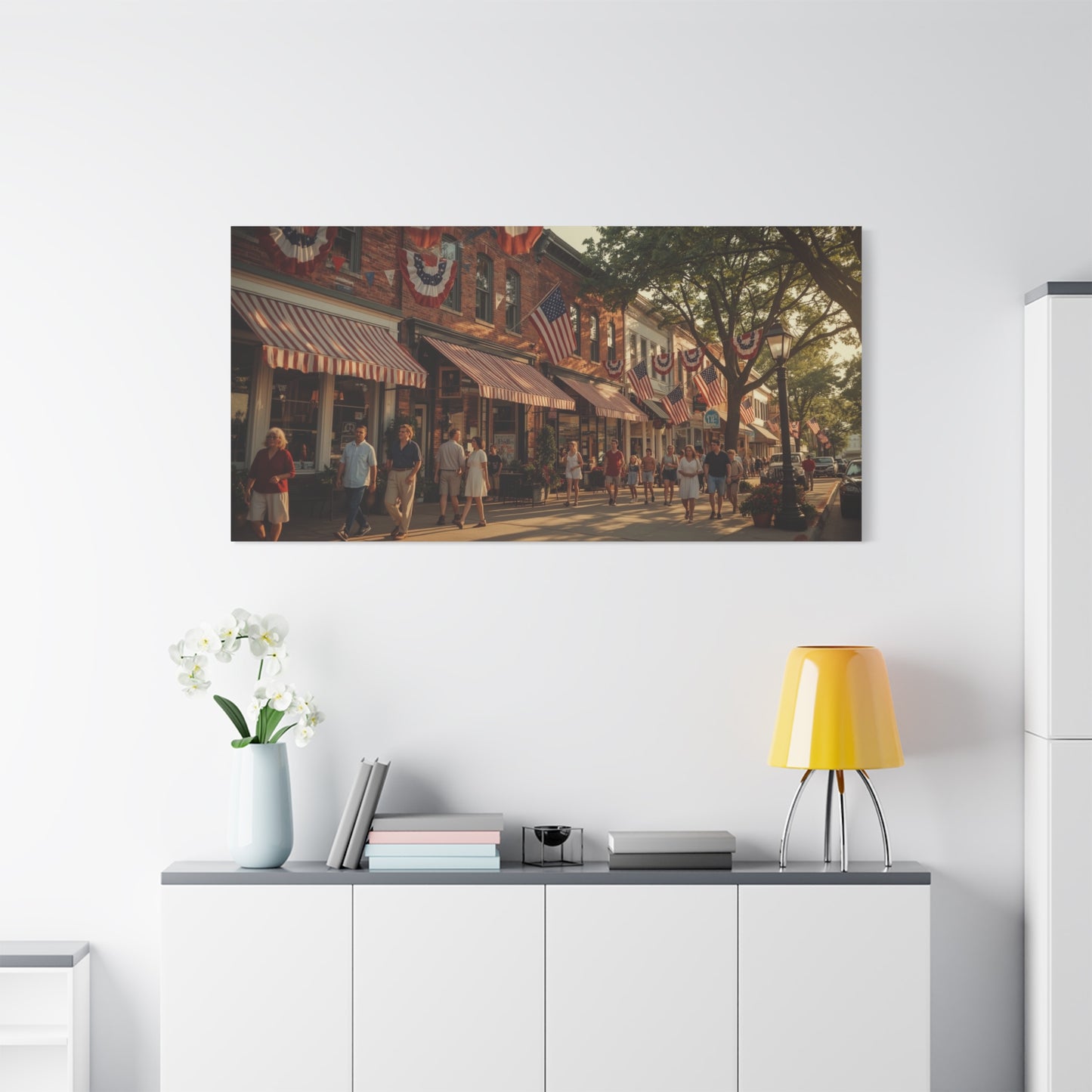 Patriotic Main Street Canvas Wall Art - American Flag Small Town Streetscape, Golden Hour Art Print - Vintage Americana Style - Living Room Wall Decor, Office Art Accent - Ready to Hang