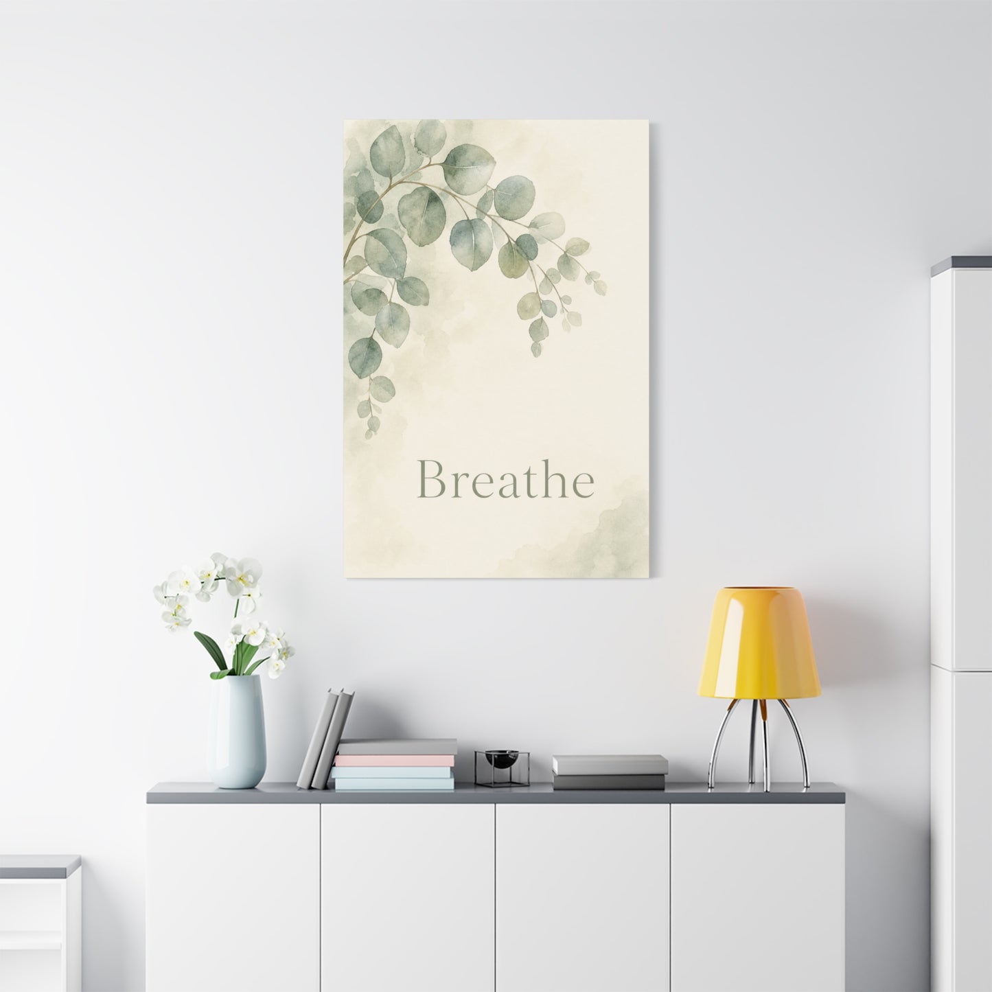 "Breathe" Botanical Canvas Wall Art - Sage Green Eucalyptus Leaves Watercolor Print - Minimalist Inspirational Wall Decor - Bedroom Home Decoration, Meditation Space Accent - Bedroom Home Decoration