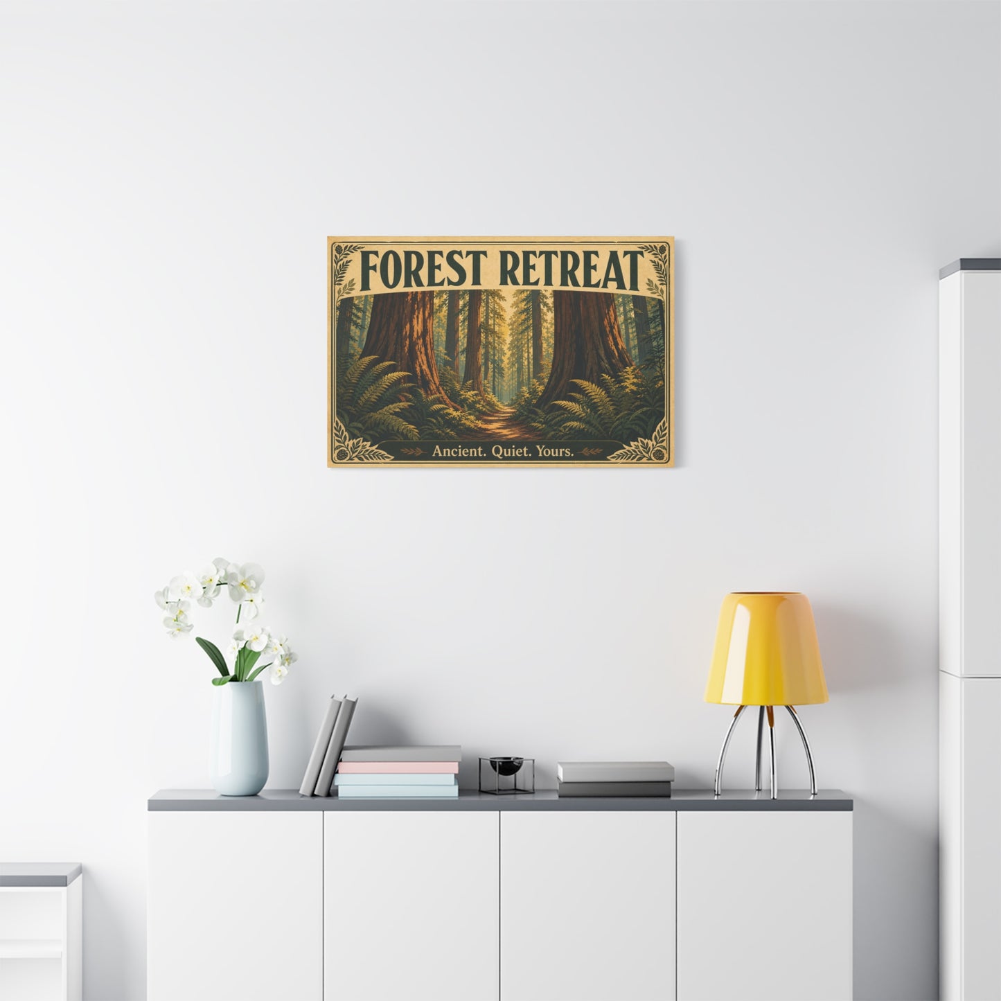 "Forest Retreat" Canvas Wall Art - Vintage Redwood Forest Path Print, Rustic Woodland Home Decor - Ancient. Quiet. Yours. - Cabin Style Living Room Decoration, Bedroom Wall Hanging - Ready to Hang