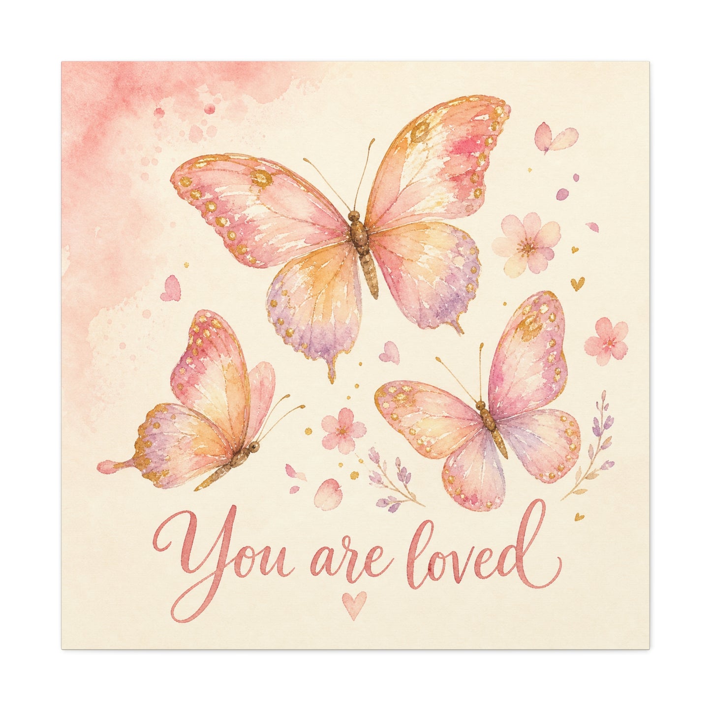 "You Are Loved" Butterfly Canvas Wall Art - Pink Watercolor Butterflies, Inspirational Nursery Decor - Soft Pastel Floral Home Decoration - Bedroom Wall Hanging, Baby Girl Room Accent - Ready to Hang