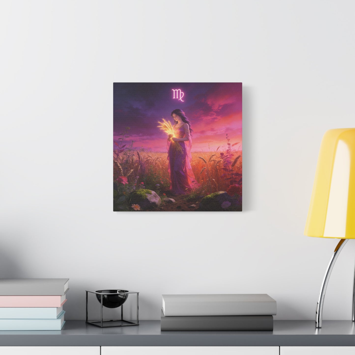 Virgo Zodiac Canvas Wall Art - Maiden Holding Glowing Wheat, Purple Twilight Field - Fantasy Illustration, Matte Canvas Print - Bedroom Wall Decor, Meditation Space Accent - Bedroom Home Decoration