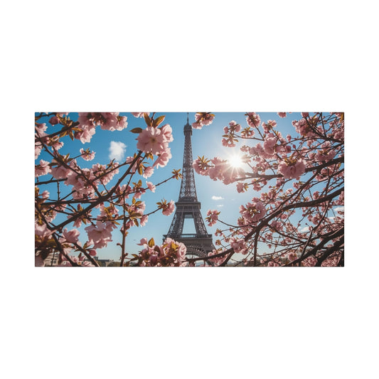 Eiffel Tower Canvas Wall Art Paris Cherry Blossom Art Print - Sunlit Spring Floral Cityscape - Matte Cotton Decor - Bedroom Home Decoration, Living Room Wall Decor - Bedroom Home Decoration