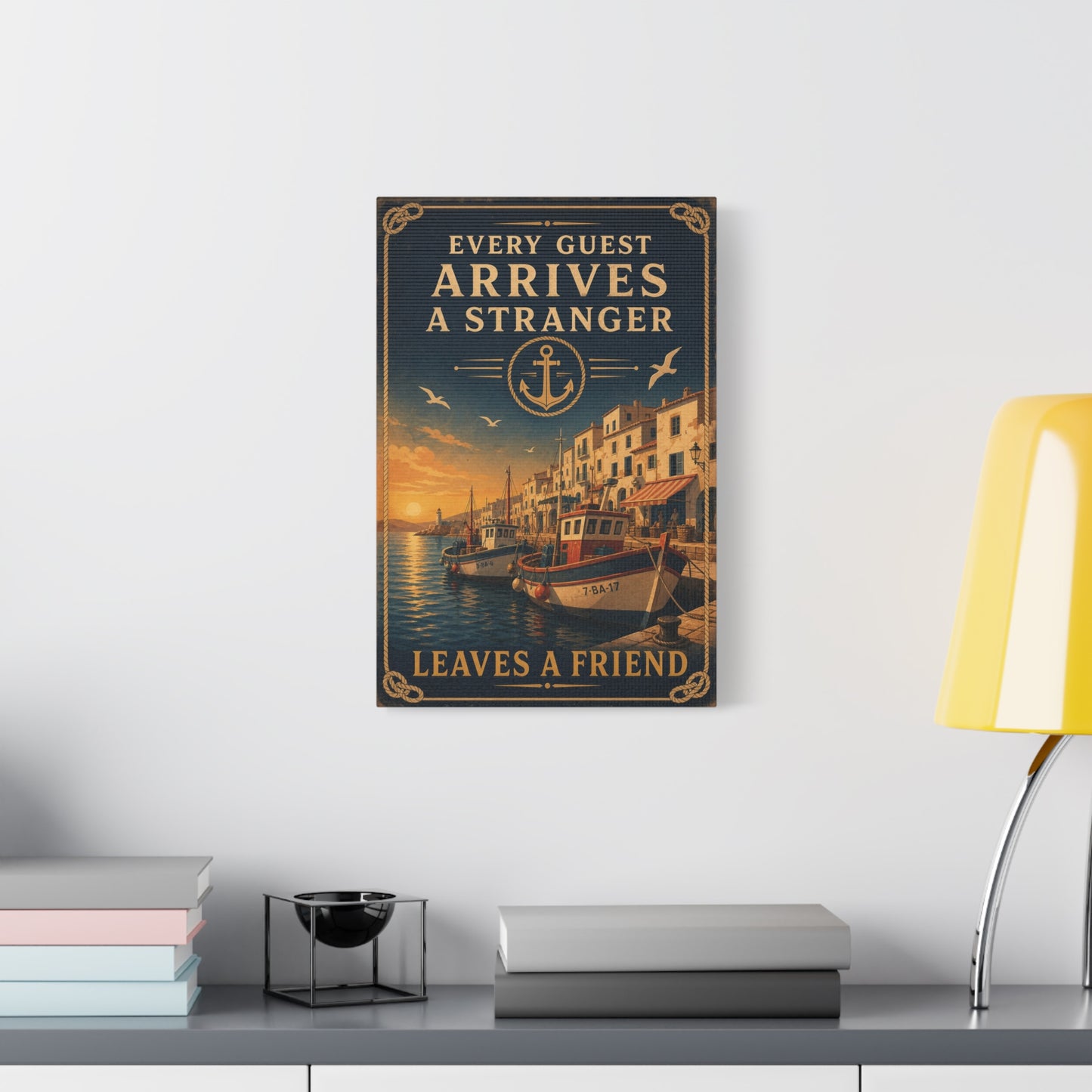 "Every Guest Arrives A Stranger Leaves A Friend" Nautical Canvas Wall Art - Vintage Harbor Sunset, Coastal Typography Print, Anchor Sailor Decor, Living Room Wall Decor - Bedroom Home Decoration
