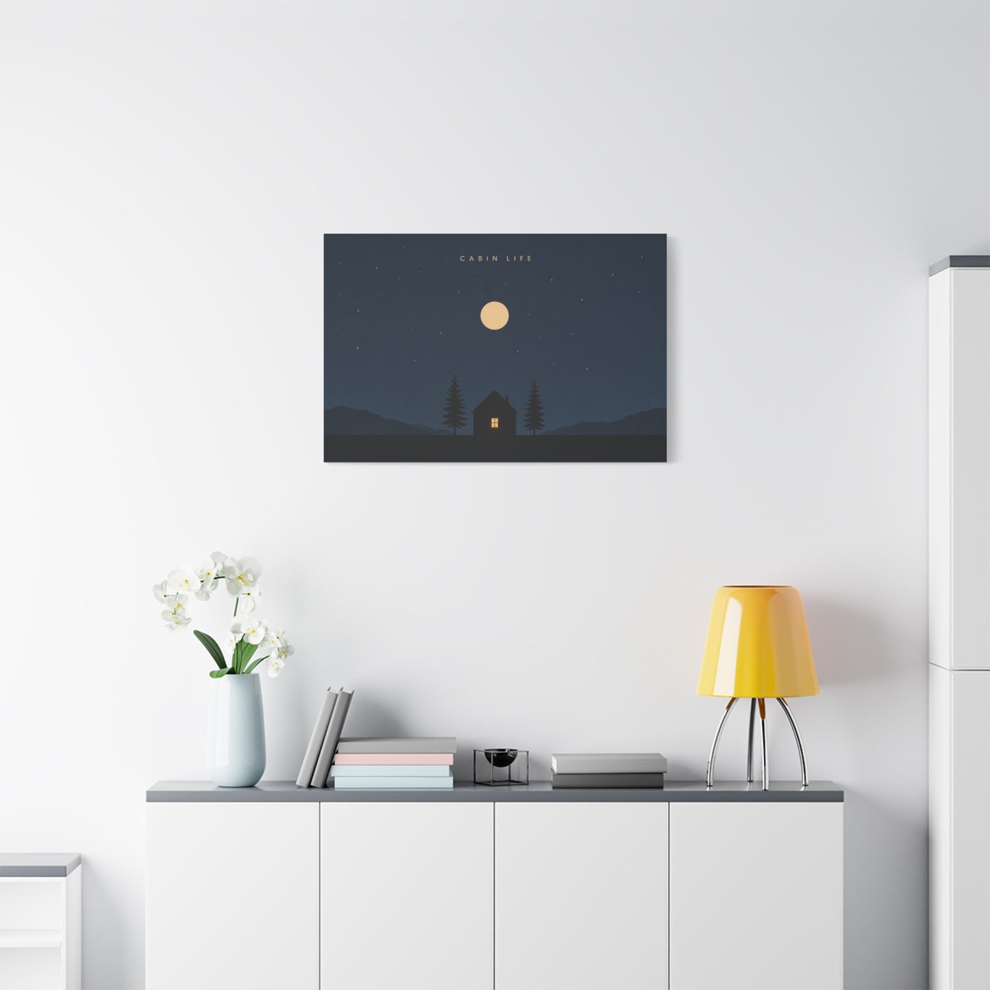 "Cabin Life" Moonlit Forest Canvas Wall Art - Minimalist Night Landscape Print - Rustic Lodge Decor, Bedroom Wall Accent, Living Room Decoration, Mountain Retreat Style - Bedroom Home Decoration