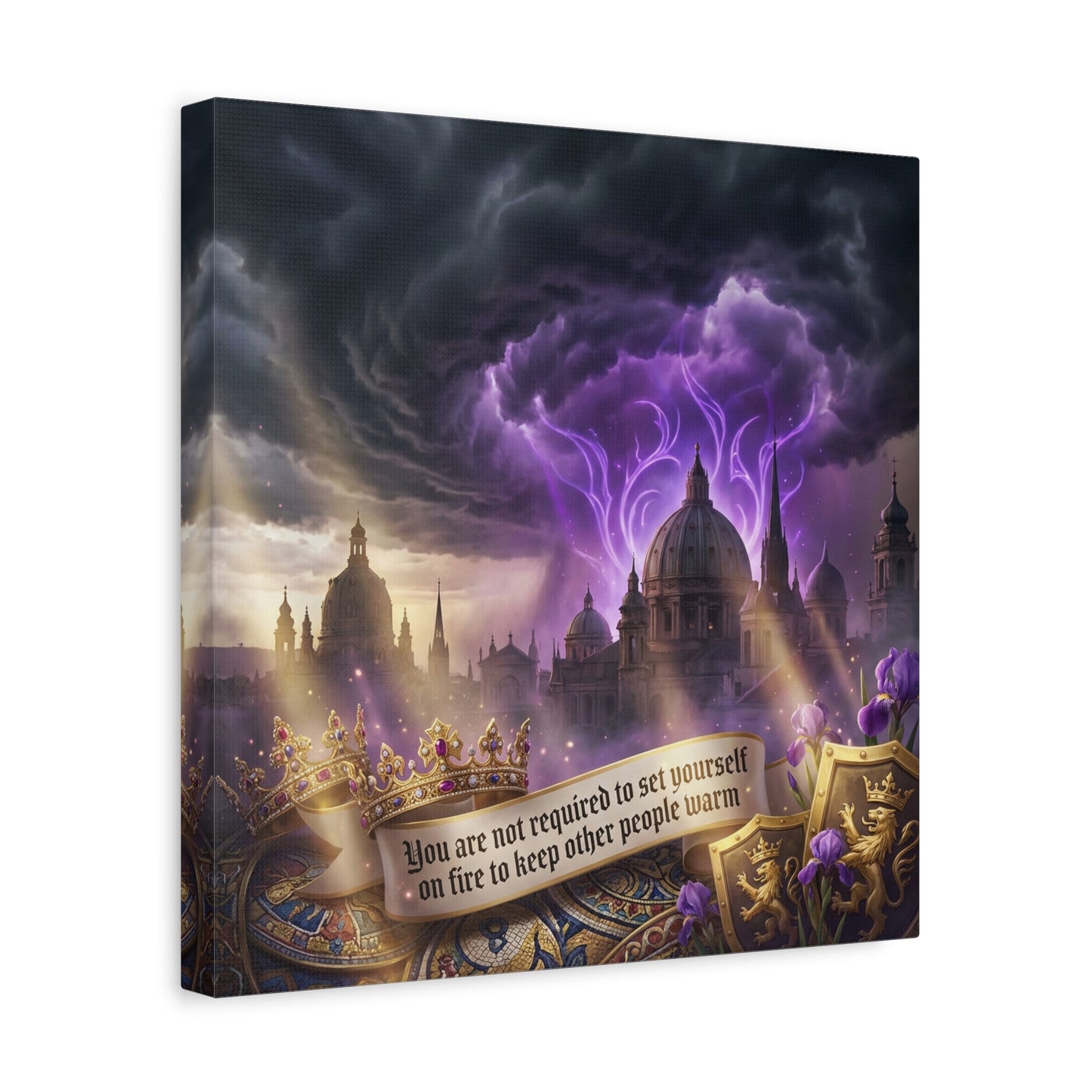 "You Are Not Required To Set Yourself On Fire" Canvas Wall Art - Gothic Castle Quote Decor, Purple Storm Sky, Crown And Iris Fantasy Print - Bedroom Home Decoration, Living Room Accent - Ready to Hang