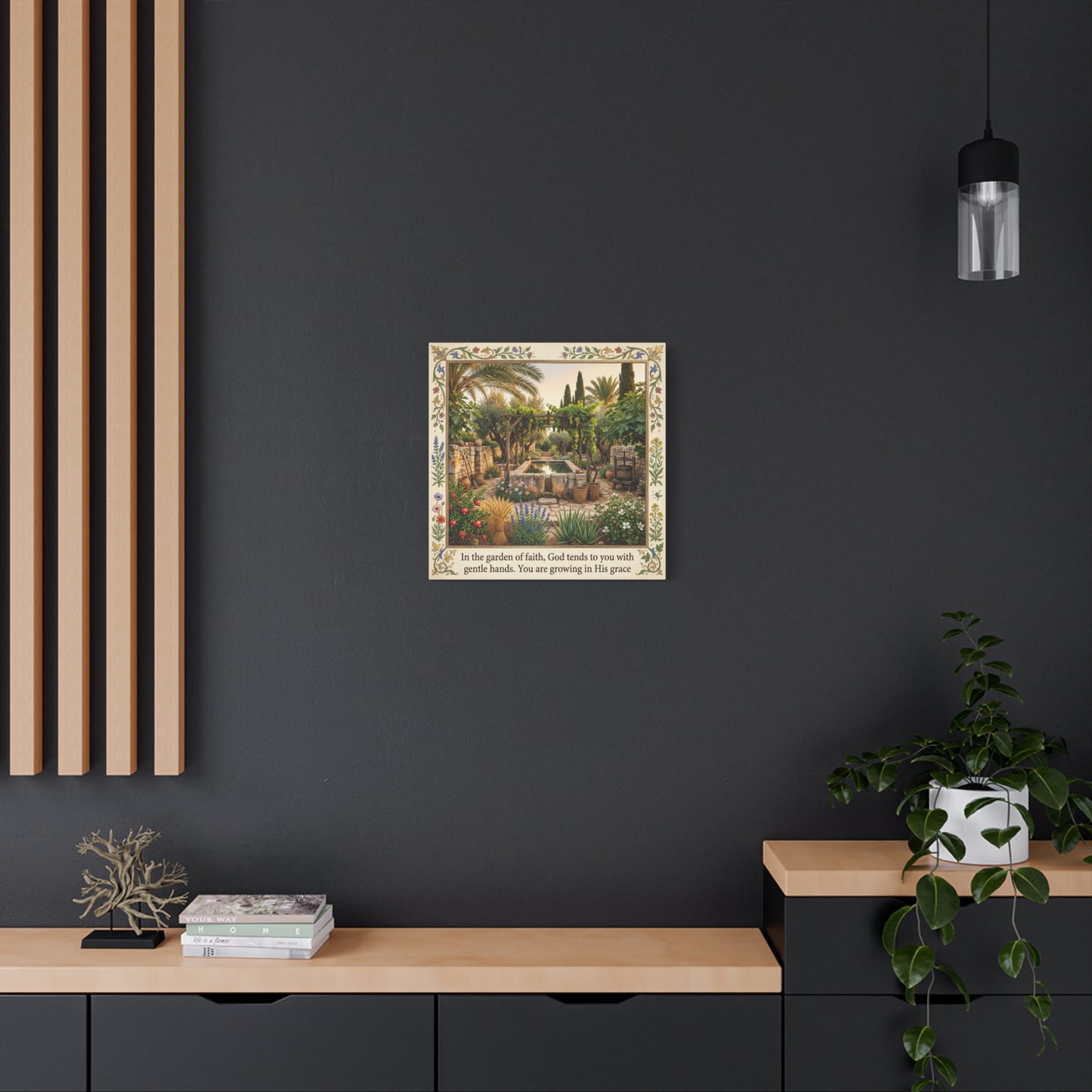 "In The Garden Of Faith, God Tends To You" Canvas Wall Art - Biblical Garden Scripture Print, Floral Border, Rustic Mediterranean Courtyard Scene - Christian Home Decor For Living Room - Ready to Hang