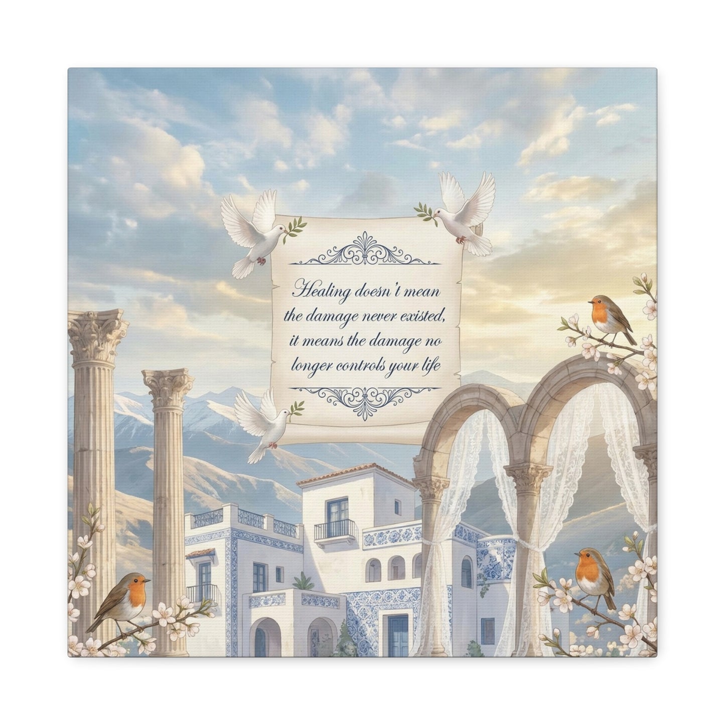 "The Damage No Longer Controls Your Life" Inspirational Canvas Wall Art - Doves, Robins, Classical Arches, Mountain Villa Quote Print - Matte Finish Canvas - Bedroom Home Decoration, Meditation Space