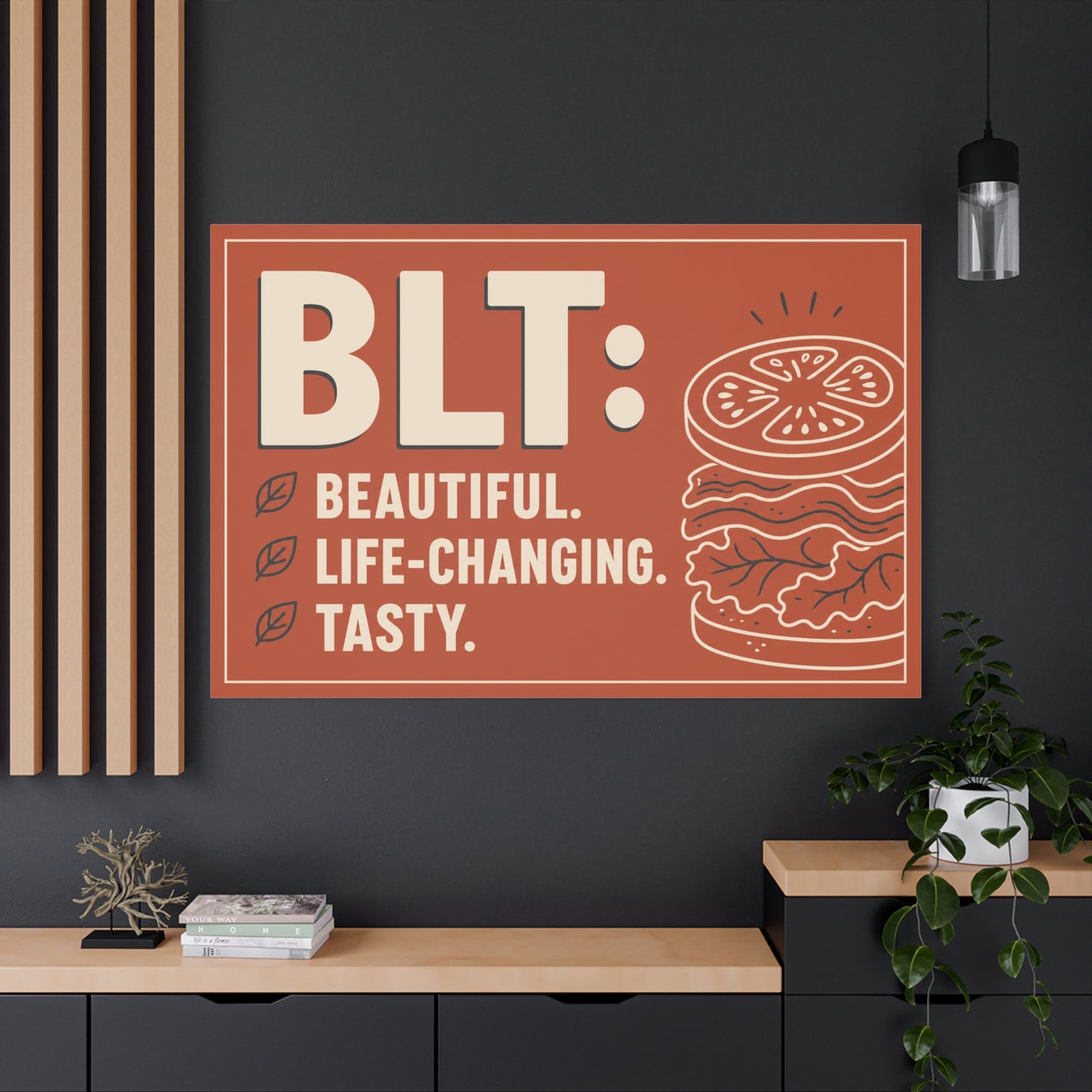 "BLT: Beautiful. Life-Changing. Tasty." Canvas Wall Art - Retro Sandwich Decor - Typography Food Illustration - Modern Farmhouse Style - Deli Wall Decor - Sandwich Shop Sign - Gallery Wrapped Canvas