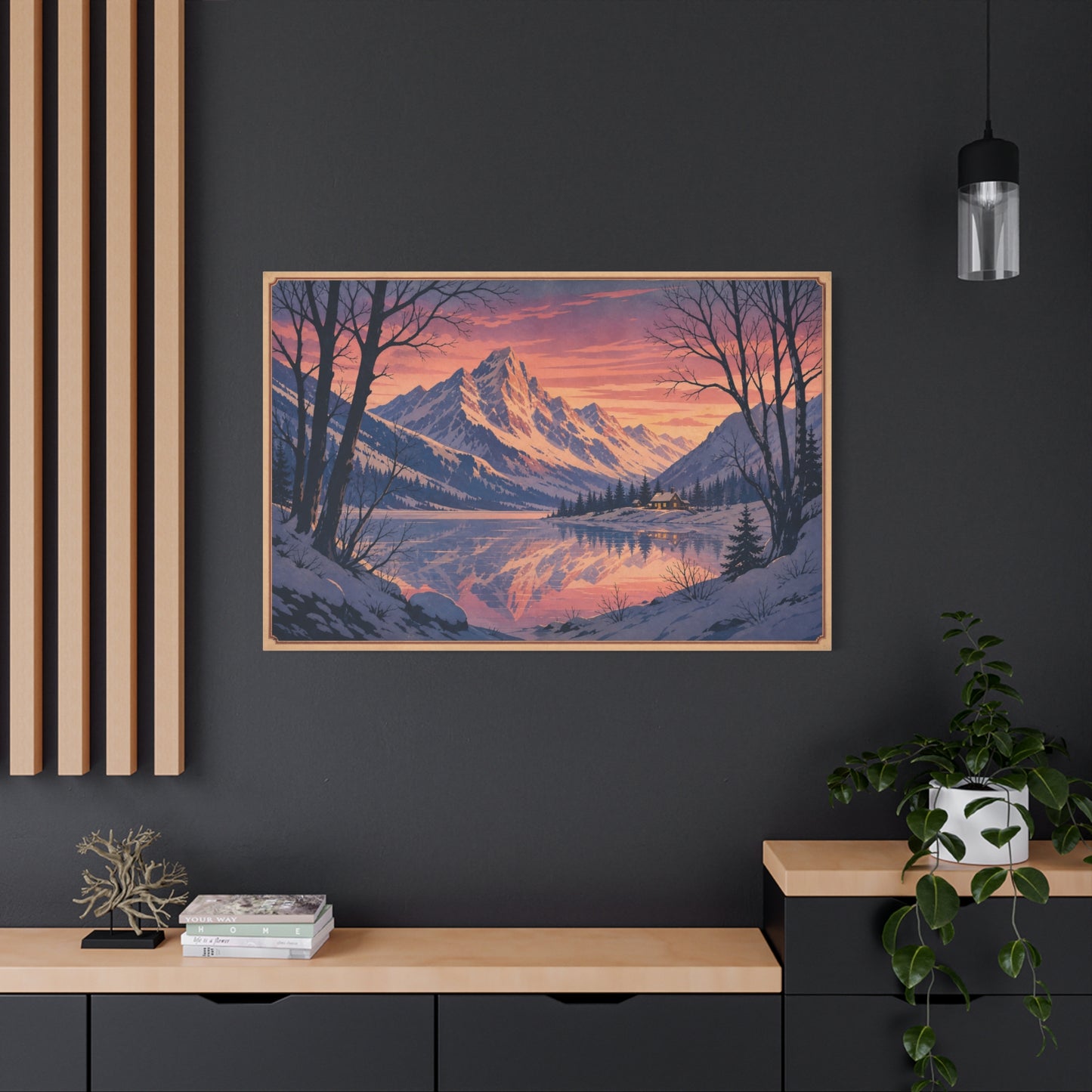 Snowy Mountain Lake Canvas Wall Art - Alpine Sunset Reflection Landscape Print, Rustic Winter Home Decor, Matte Finish Scenic Artwork For Living Room, Bedroom, Cabin Retreat - Living Room Wall Decor