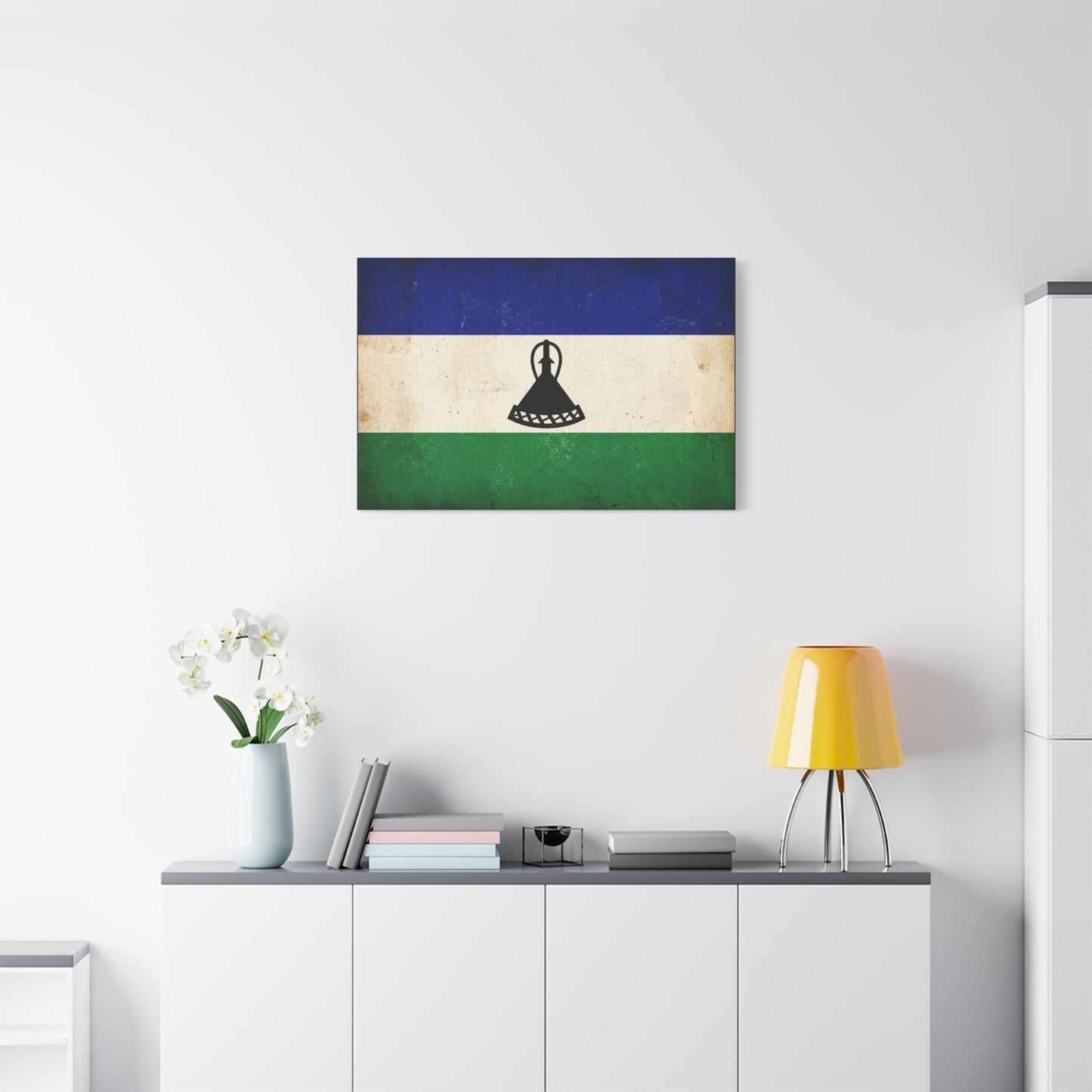 Lesotho Flag Canvas Wall Art - Vintage Blue White Green Tricolor With Basotho Hat Emblem, Distressed National Banner Print - Rustic Patriotic Decor For Living Room Bedroom Office - Office Wall Art