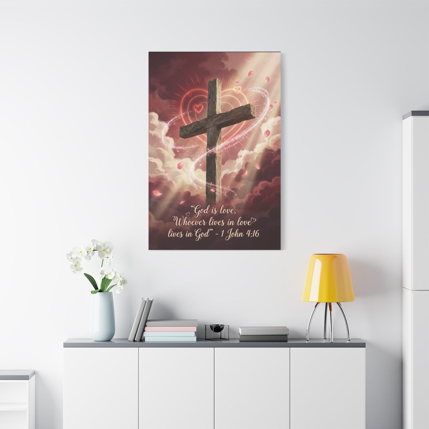 "God Is Love, Whoever Lives In Love Lives In God" Cross Canvas Wall Art - 1 John 4:16 Scripture Print, Romantic Christian Decor, Traditional Bedroom Wall Decor - Bedroom Home Decoration