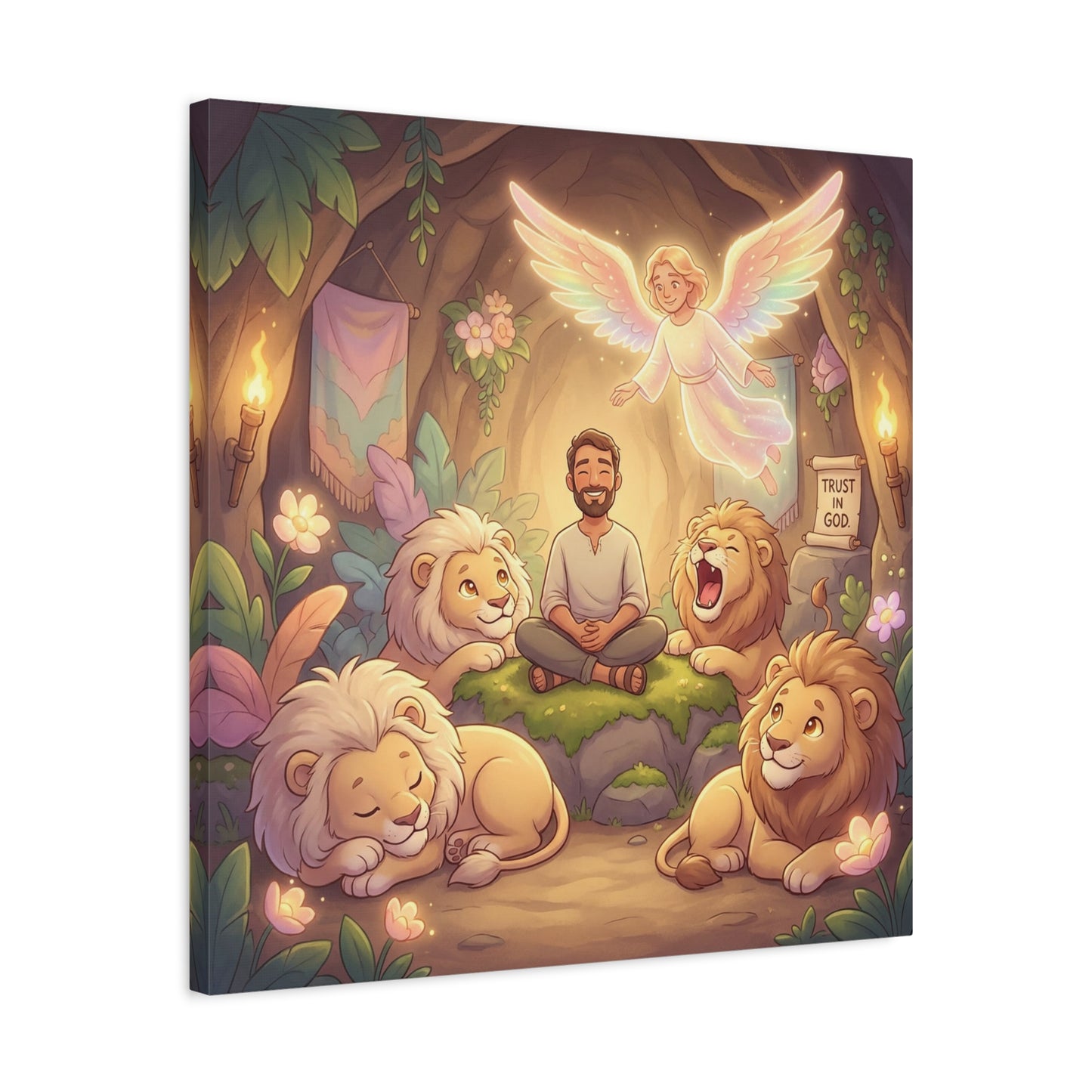 "Trust In God" Christian Canvas Wall Art - Angel, Man With Lions Cave Scene - Pastel Nursery Decor, Matte Cotton Print - Kids Bedroom Wall Decor, Playroom Home Decoration - Ready to Hang