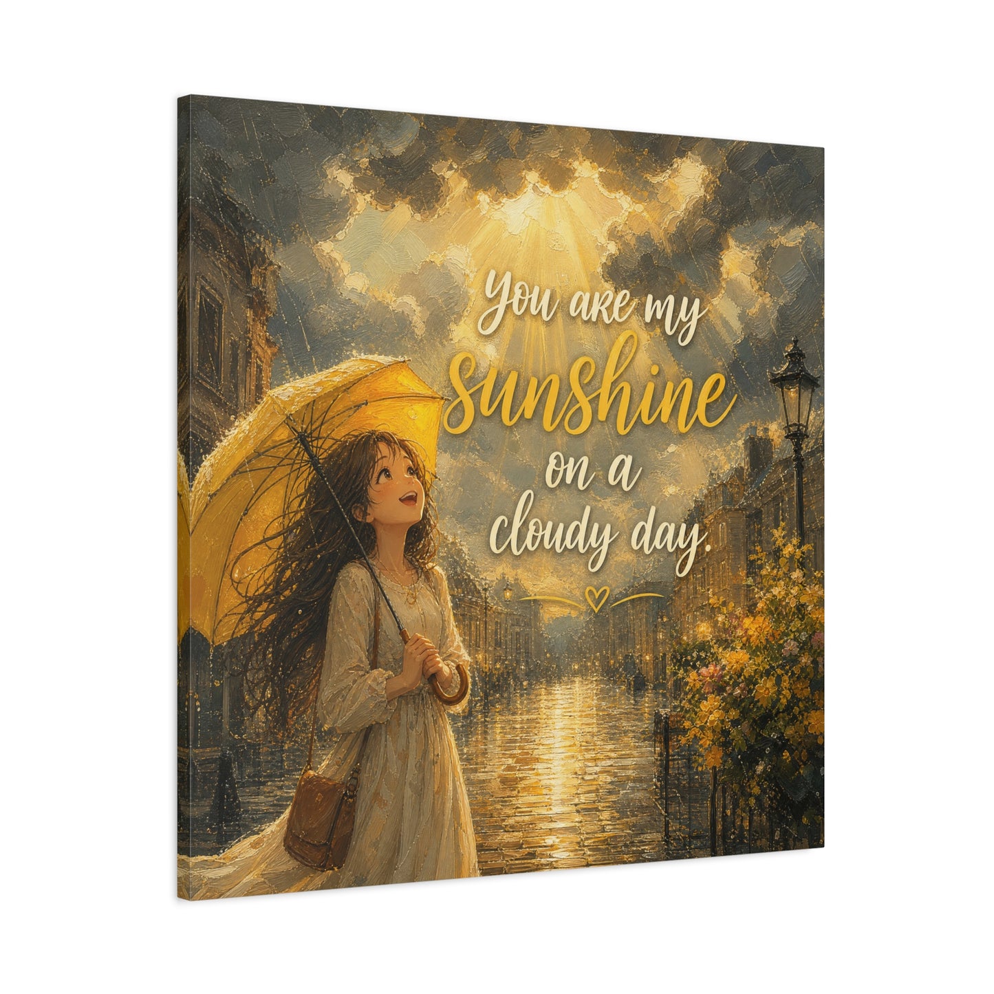 "You Are My Sunshine On A Cloudy Day" Canvas Wall Art - Girl With Yellow Umbrella Quote Print - Golden Rainy Street Painting, Inspirational Decor - Bedroom Home Decoration - Living Room Wall Decor