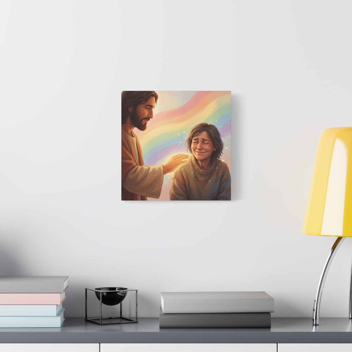 Jesus Christ Comforting Woman Canvas Wall Art - Rainbow Christian Wall Decor, Faith Home Decoration - Matte Canvas Print, Inspirational Religious Artwork - Living Room Bedroom Office - Ready to Hang