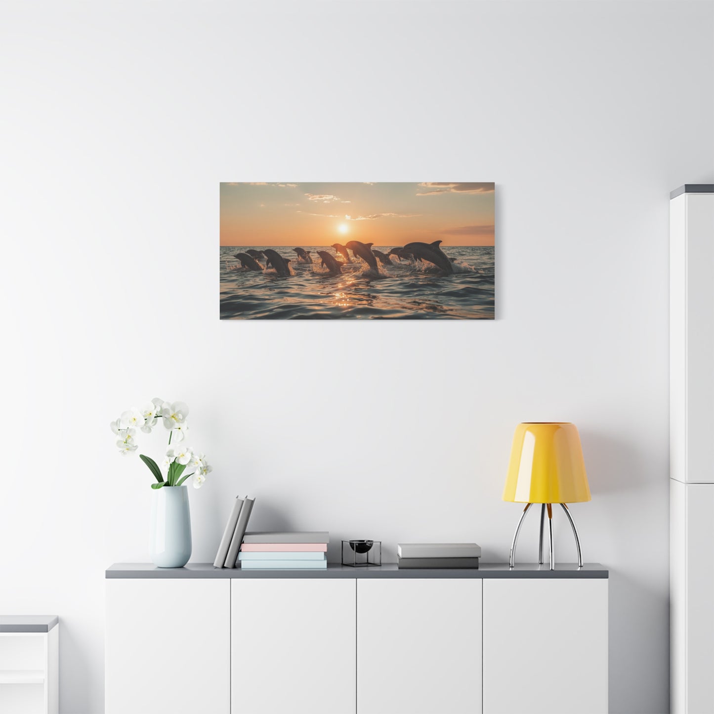 Dolphin Sunset Canvas Wall Art - Ocean Wildlife Art Print, Golden Seascape, Coastal Living Room Wall Decor, Bedroom Home Decoration, Ready to Hang Matte Canvas - Bedroom Home Decoration