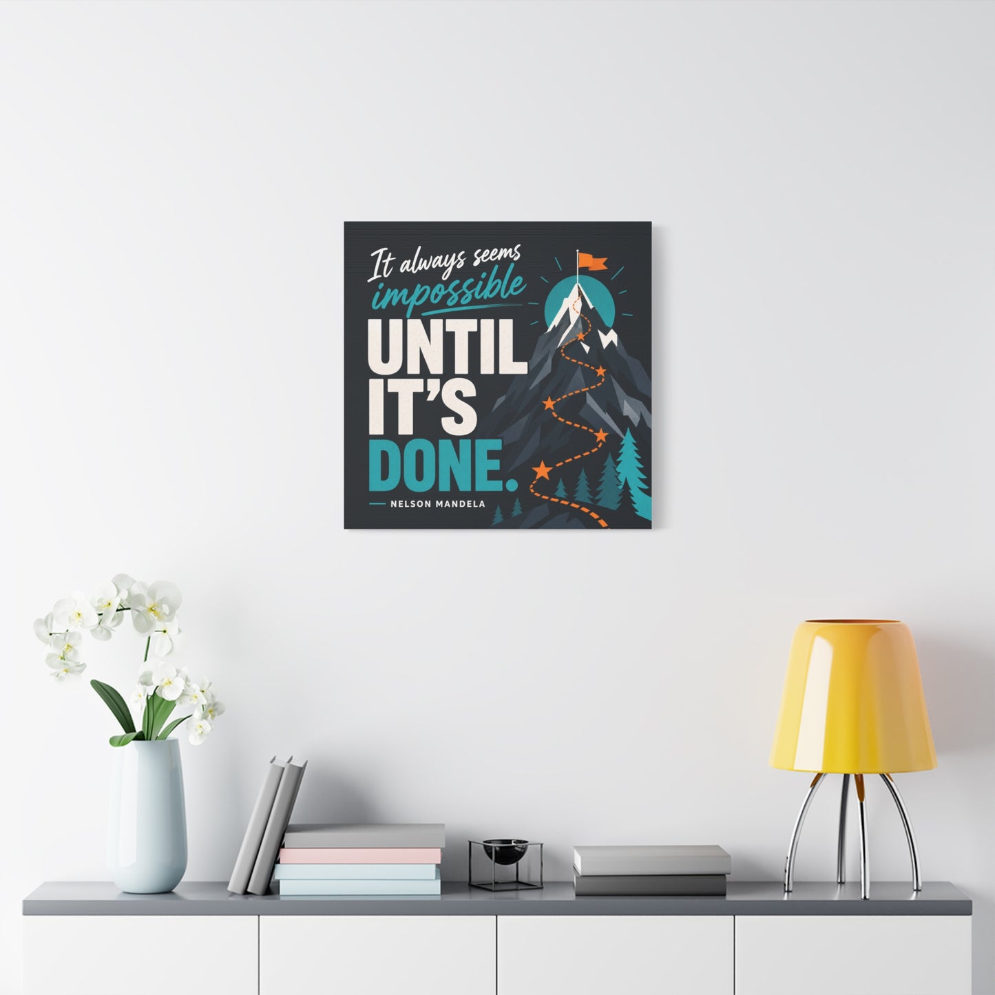 "It Always Seems Impossible Until It's Done" Motivational Canvas Wall Art - Mountain Quote Print, Teal And Orange Typography Decor - Modern Inspirational Living Room Office Wall Decor - Ready to Hang