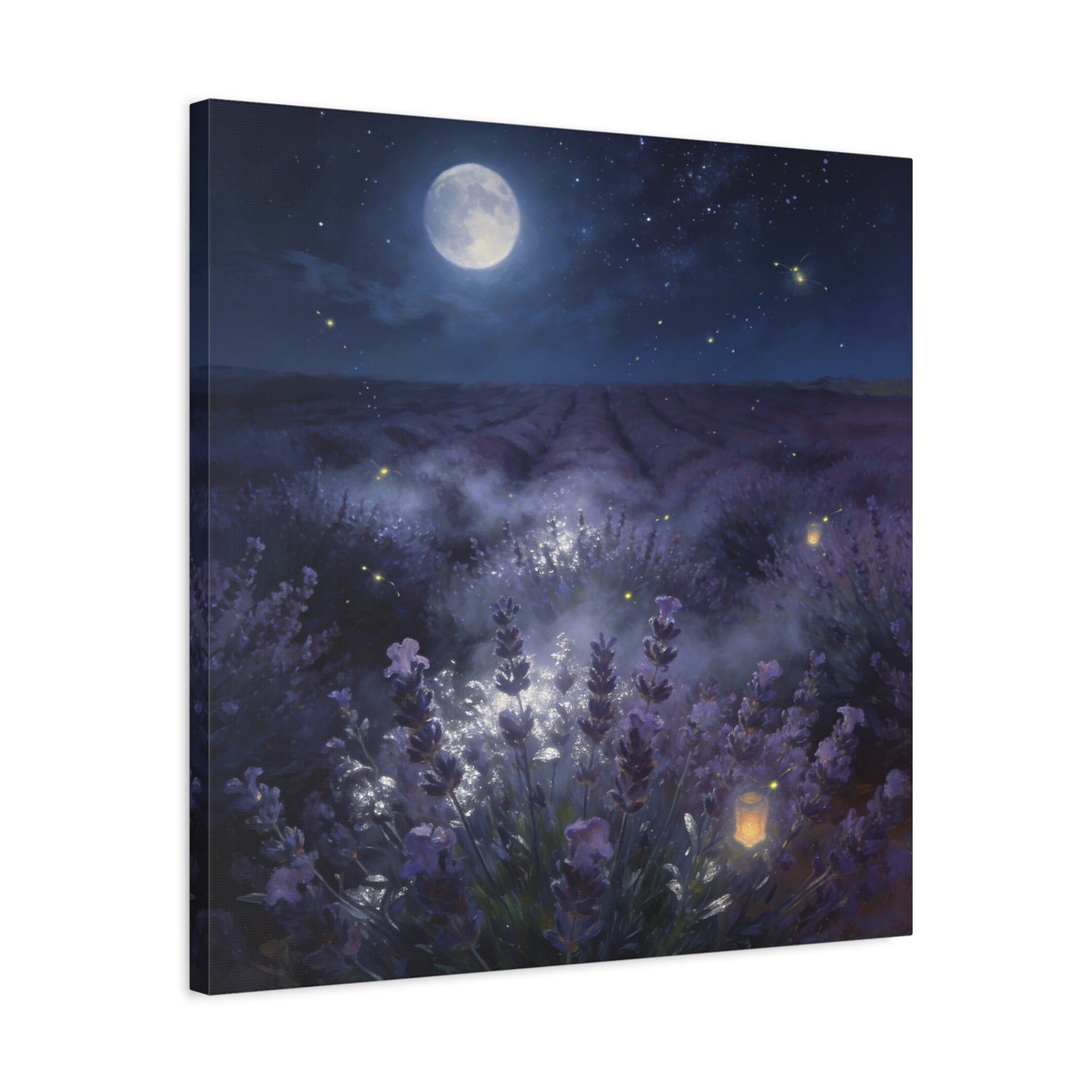 Moonlit Lavender Field Canvas Wall Art - Firefly Night Landscape, capiz shells wall decor - Matte Cotton Art Print, Calming Traditional Style - Bedroom Home Decoration, Office Wall Art - Ready to Hang