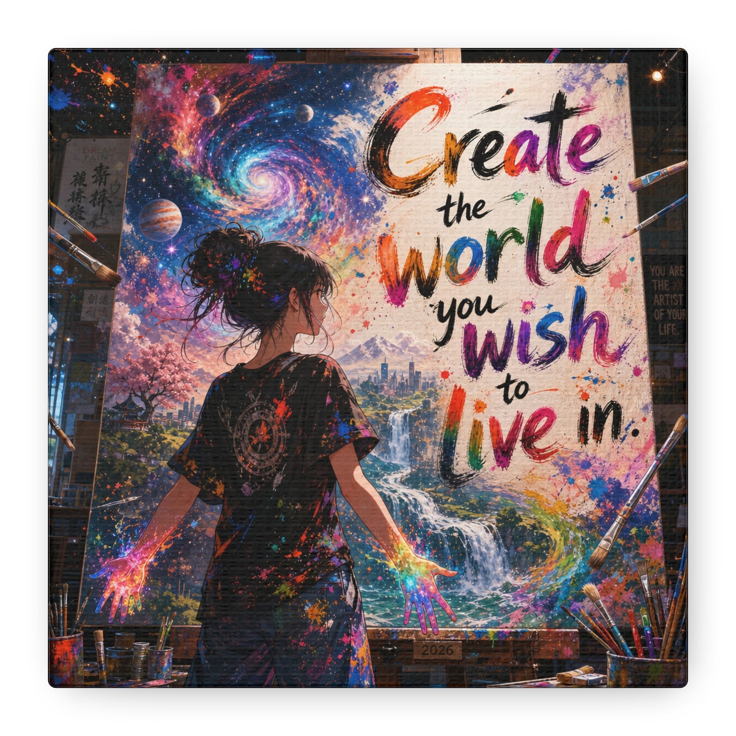 "Create The World You Wish To Live In" Inspirational Canvas Wall Art - Colorful Cosmic Artist Girl Quote Print - Modern Typography Decor - Bedroom Home Decoration, Creative Office Accent