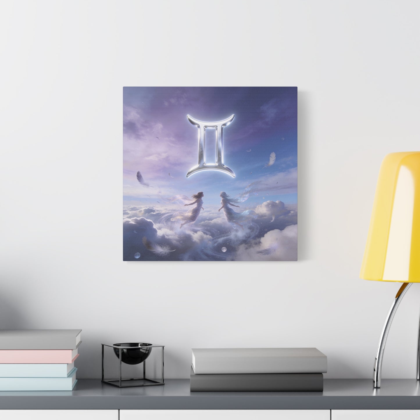 Gemini Zodiac Canvas Art Print - Glowing Twin Symbol, Ethereal Sky Illustration - Dreamy Celestial Typography Style - Cotton Canvas Decor For Bedroom, Living Space, Meditation Room - Office Wall Art