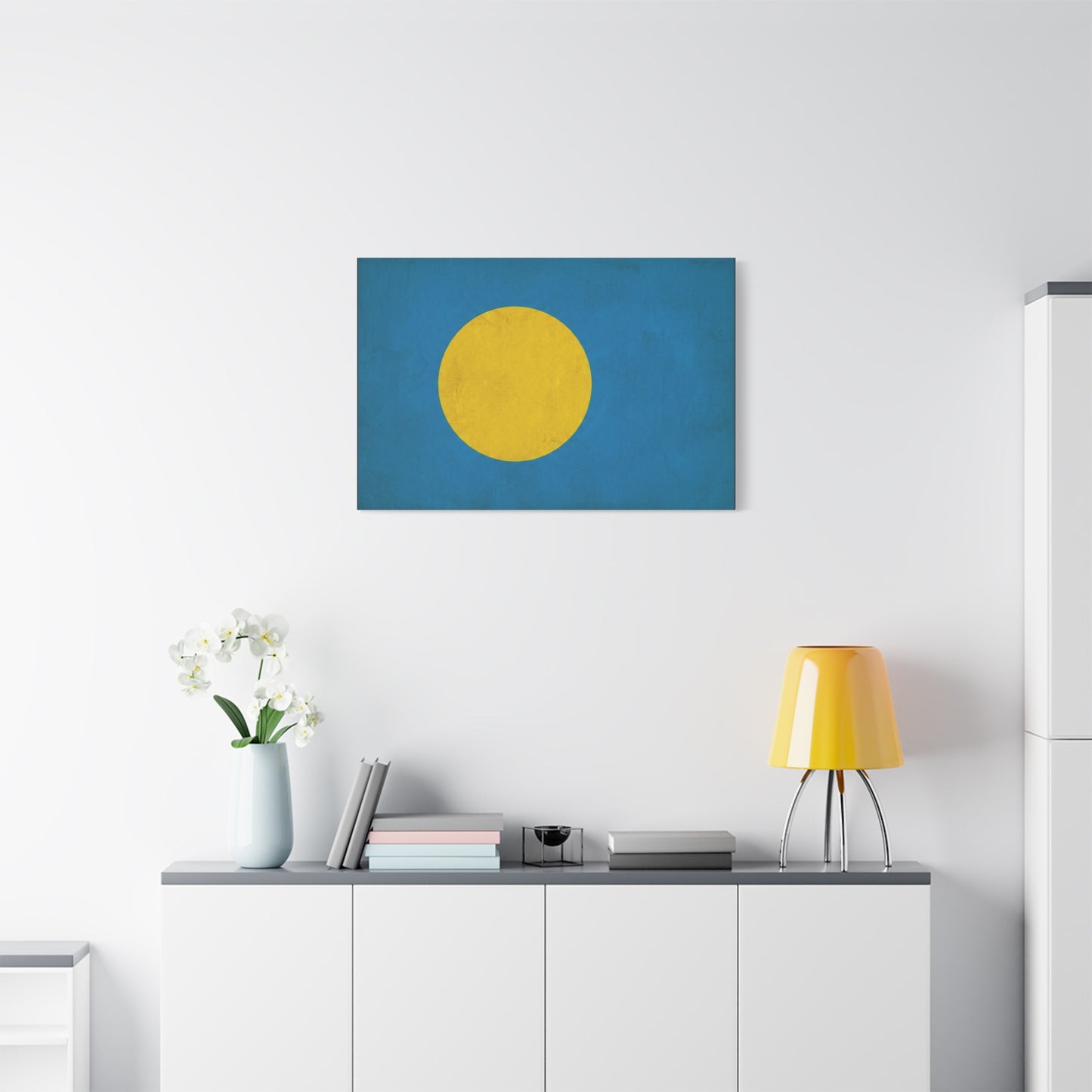 Palau Flag Canvas Wall Art - Blue Field With Golden Yellow Disc - Minimalist Tropical Island Print - Modern Living Room Wall Decor, Bedroom Home Decoration, Office Accent - Bedroom Home Decoration