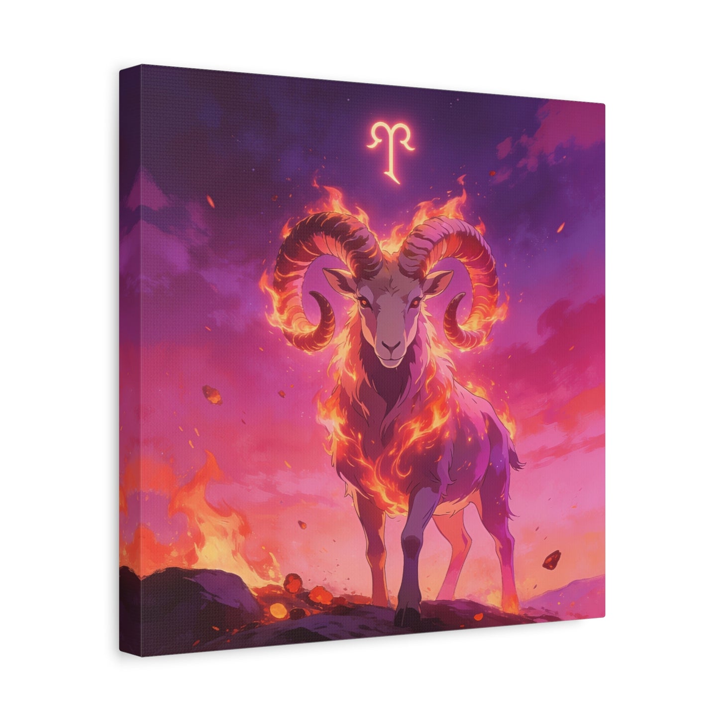 Aries Ram Canvas Wall Art - Fiery Zodiac Illustration, Purple Pink Flame Sky, Matte Canvas Print, Modern Fantasy Style, Bedroom Wall Decor, Home Office Accent, Statement Piece For Astrology Lovers