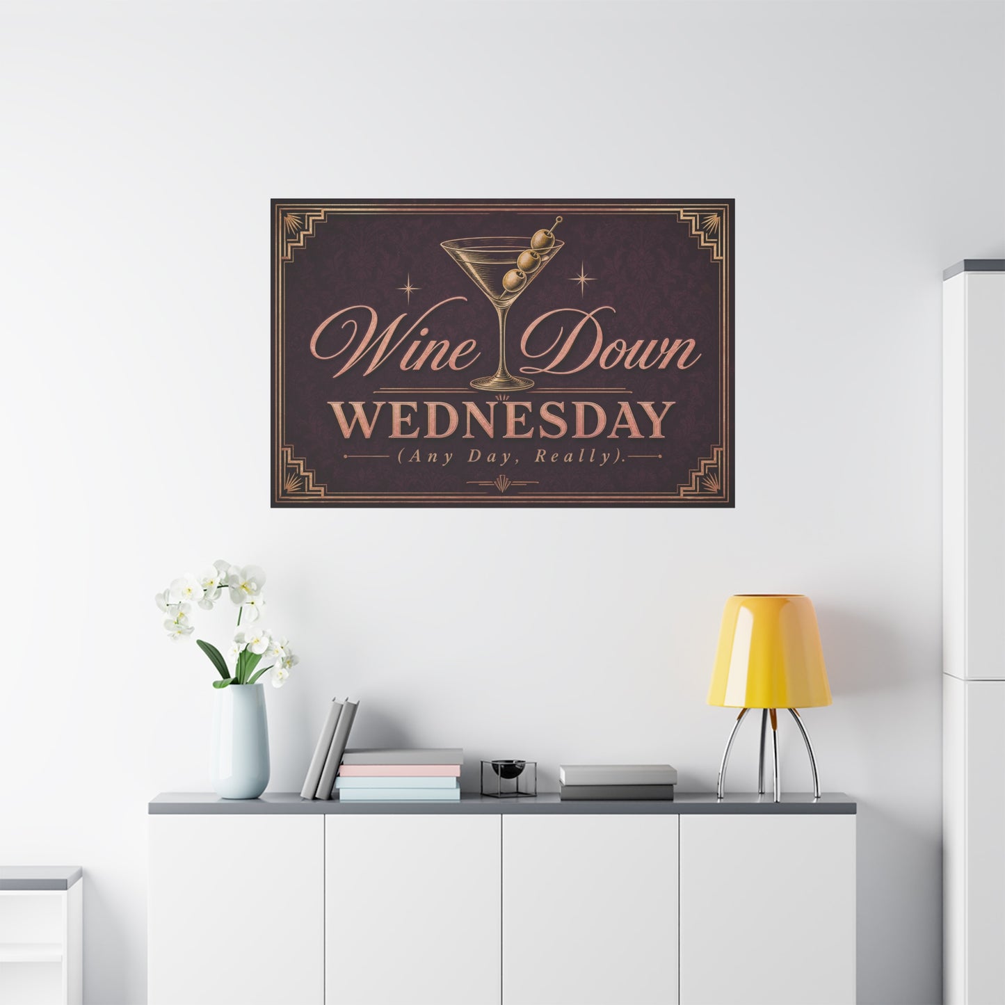 "Wine Down Wednesday (Any Day, Really)." Martini Canvas Wall Art - Vintage Cocktail Typography Decor - Art Deco Style, Matte Canvas Print - Bar Cart Wall Decor - Ready to Hang - Ready to Hang