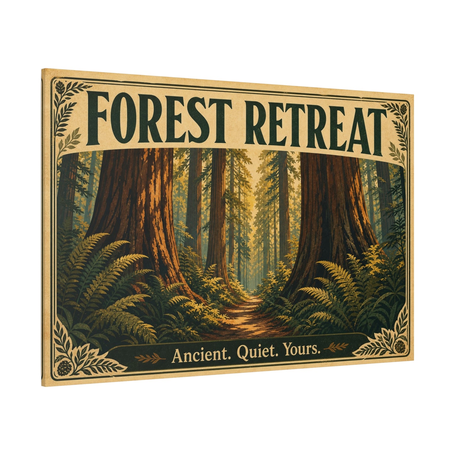 "Forest Retreat" Canvas Wall Art - Vintage Redwood Forest Path Print, Rustic Woodland Home Decor - Ancient. Quiet. Yours. - Cabin Style Living Room Decoration, Bedroom Wall Hanging - Ready to Hang