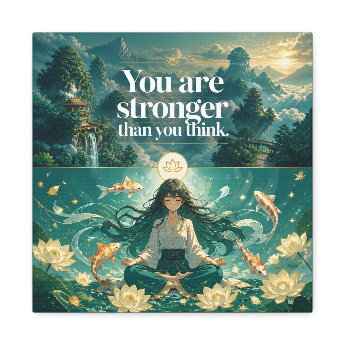 "You Are Stronger Than You Think." Inspirational Canvas Wall Art - Meditating Girl, Koi Fish, Lotus Lake - Zen Fantasy Landscape - Bedroom Wall Decor, Meditation Space, Jellyfish Room Decor