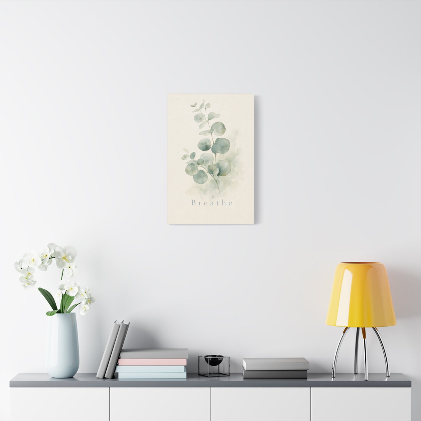 "Breathe" Eucalyptus Canvas Wall Art - Minimalist Botanical Sage Green Wall Decor - Watercolor Leaf Home Decoration - Bedroom Bathroom Spa Style - Calm Nature Print For Living Room - Ready to Hang