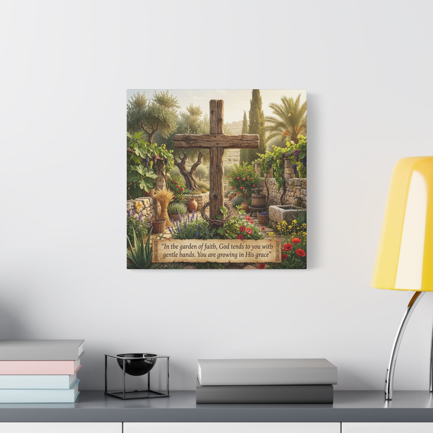 "In The Garden Of Faith, God Tends To You With Gentle Hands. You Are Growing In His Grace" Canvas Wall Art - Rustic Wooden Cross, Christian Garden Scene - Living Room Wall Decor - Ready to Hang