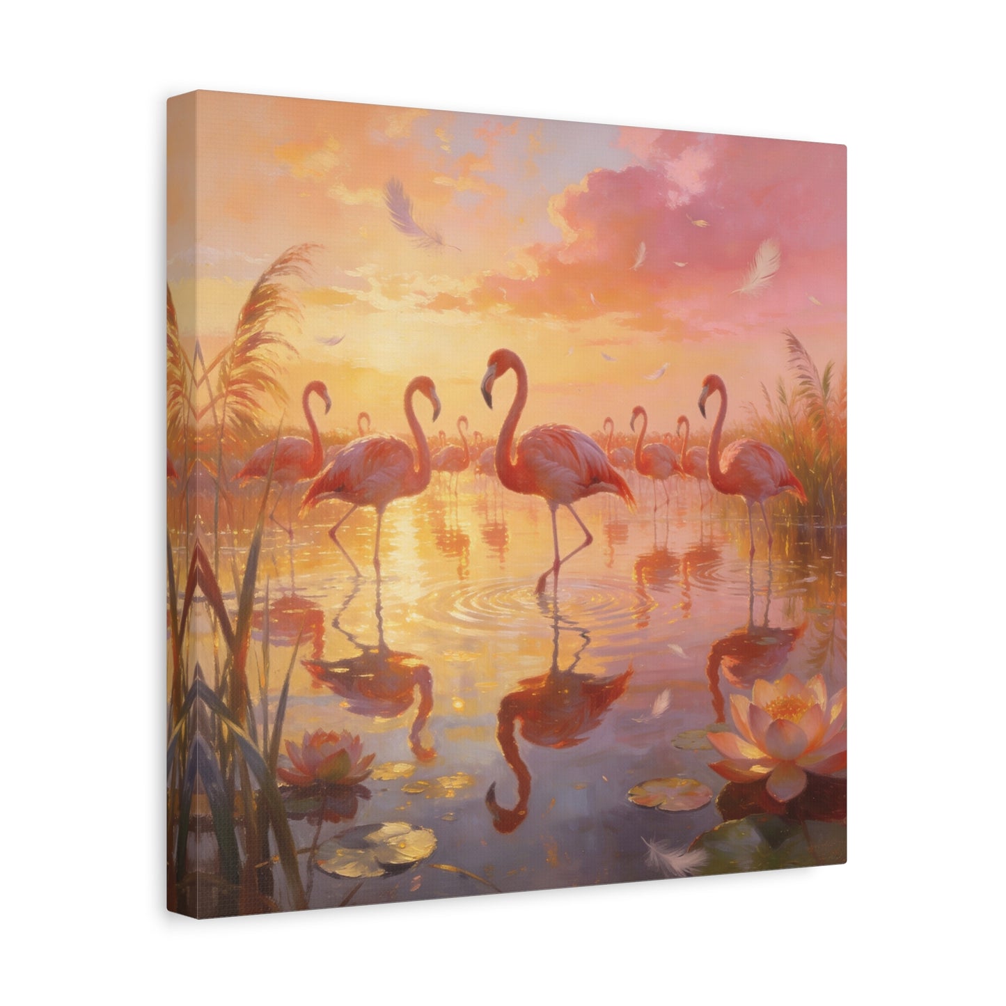 Pink Flamingo Canvas Wall Art - Sunset Wetland Birds, Lotus Pond Reflections - Dreamy Tropical Illustration, Matte Canvas Print - Living Room Wall Decor, Bedroom Home Decoration - Ready to Hang