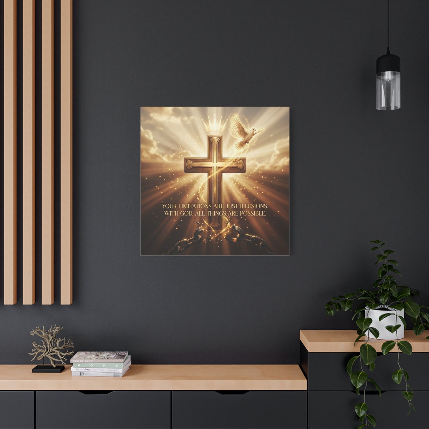 "Your Limitations Are Just Illusions. With God, All Things Are Possible." Christian Canvas Wall Art - Glowing Cross, White Dove, Crown, Broken Chains - Gold Religious Wall Decor For Living Room