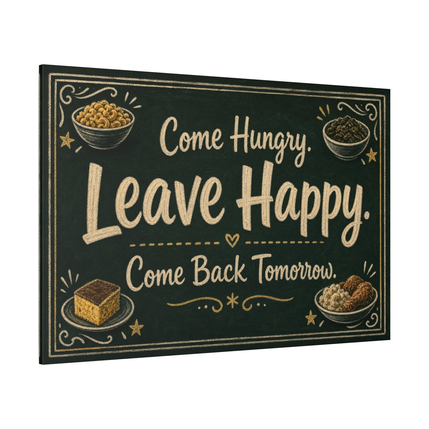 "Come Hungry. Leave Happy. Come Back Tomorrow." Canvas Wall Art - Chalkboard Food Quote Print, Rustic Farmhouse Style, Restaurant Accent - Restaurant Wall Decor - Bistro Sign Decor - Ready to Hang
