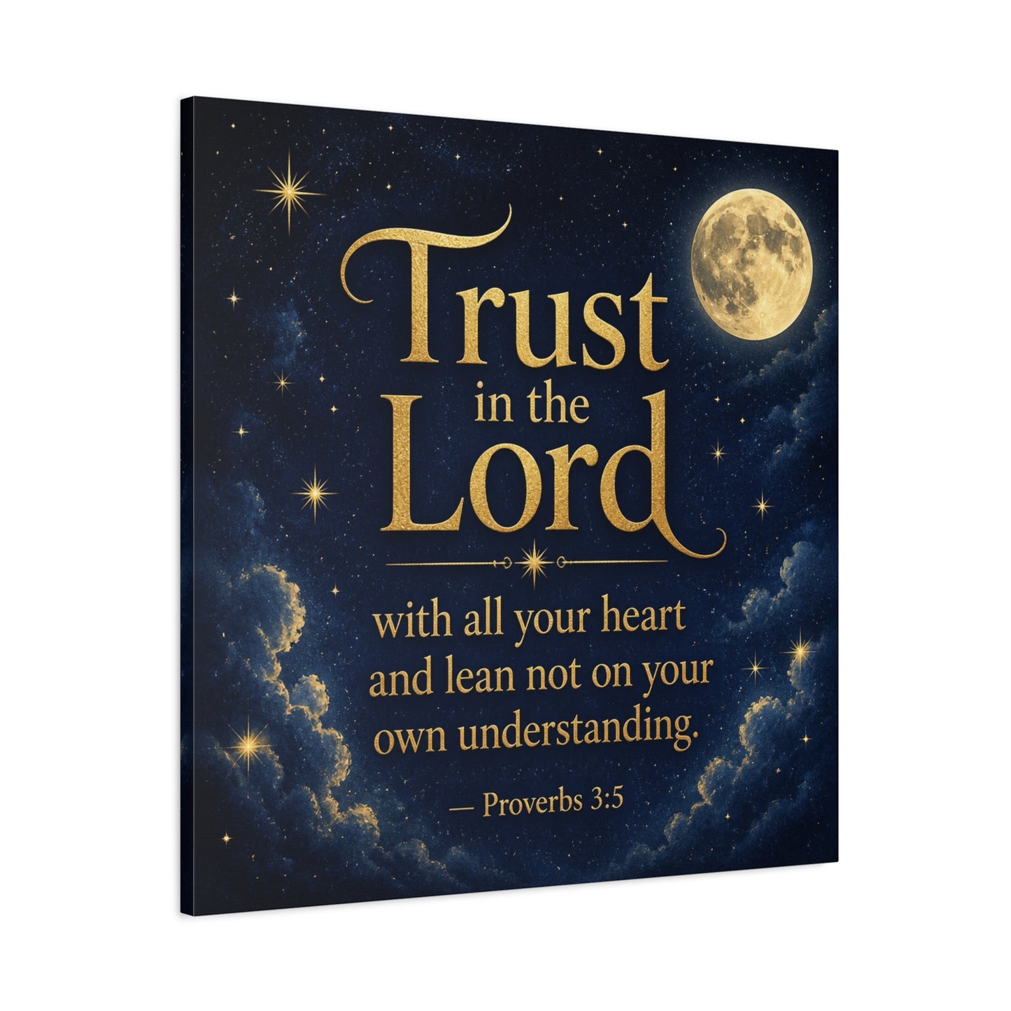 "Trust In The Lord" Bible Verse Canvas Wall Art - Moonlit Scripture Quote, Gold Typography, Christian Wall Decor - Traditional Night Sky Design - Bedroom Living Room Decoration - Ready to Hang
