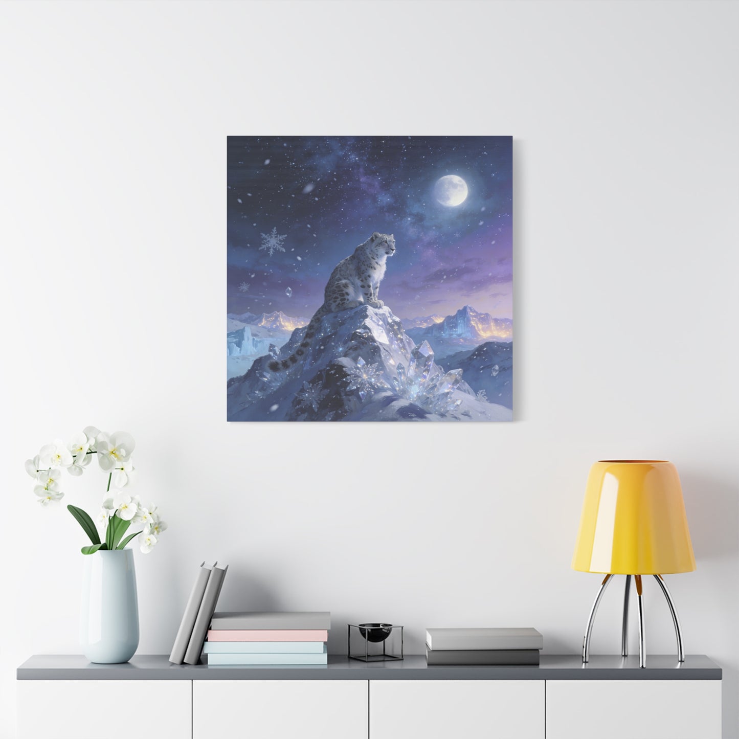 Snow Leopard Canvas Wall Art - Moonlit Arctic Crystal Landscape, Fantasy Wildlife Print - Matte Cotton Canvas - Contemporary Winter Style - Living Room Wall Decor Bedroom Home Decoration