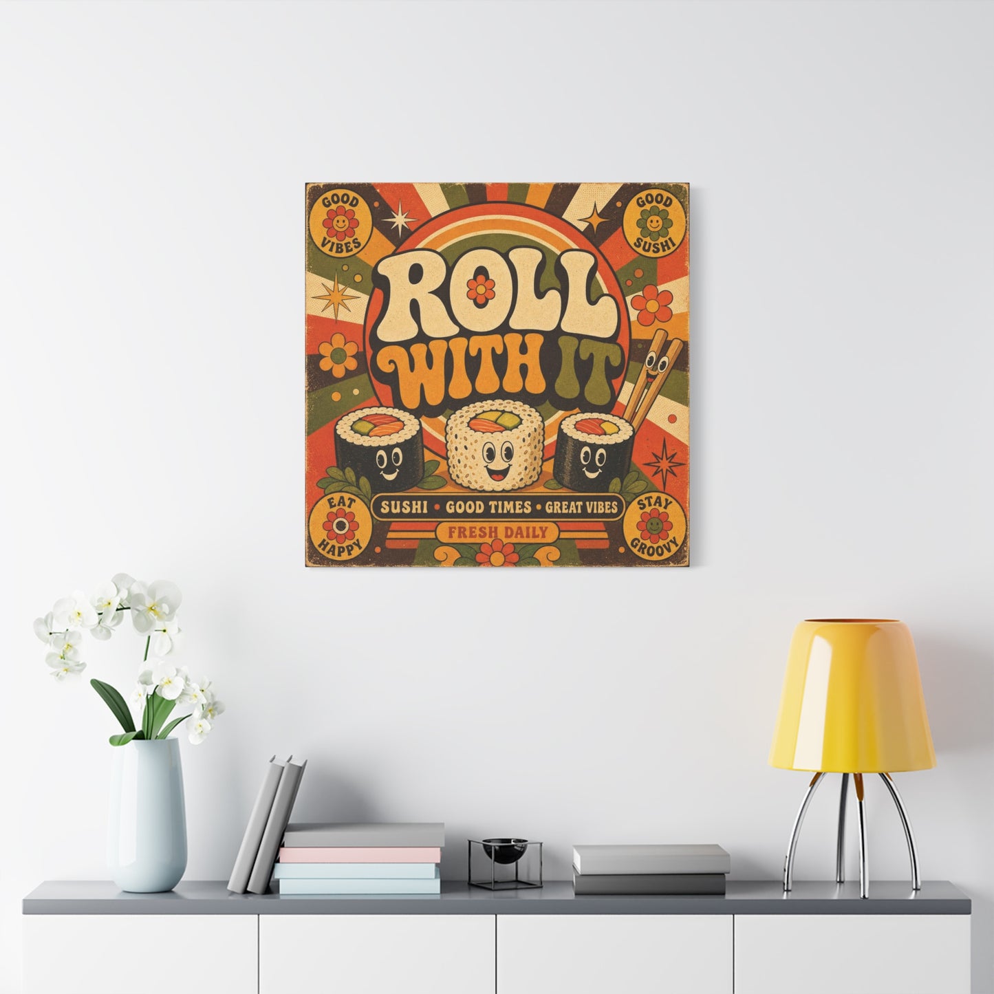 "Roll With It" Sushi Canvas Wall Art - Retro Typography Food Illustration, Groovy Orange Green Bohemian Print, Cafe Wall Decor, Kitchen Room Decoration, Vintage Poster Style - Bedroom Home Decoration