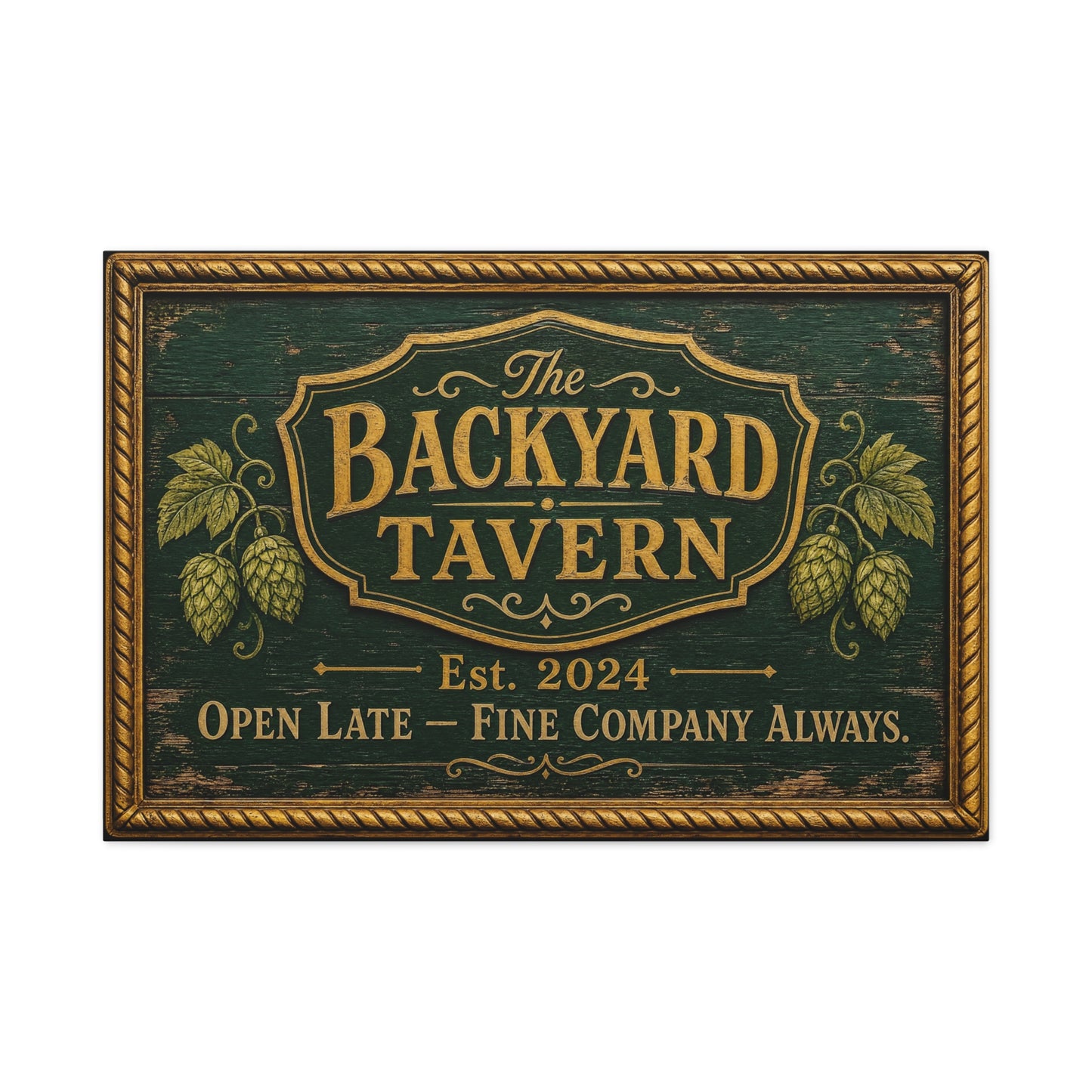 "The Backyard Tavern" Canvas Wall Art - Vintage Pub Sign, Rustic Typography Decor - Green And Gold Tavern Style Print, Bar Room Wall Decor - Ready to Hang - Ready to Hang - Speakeasy Style Sign