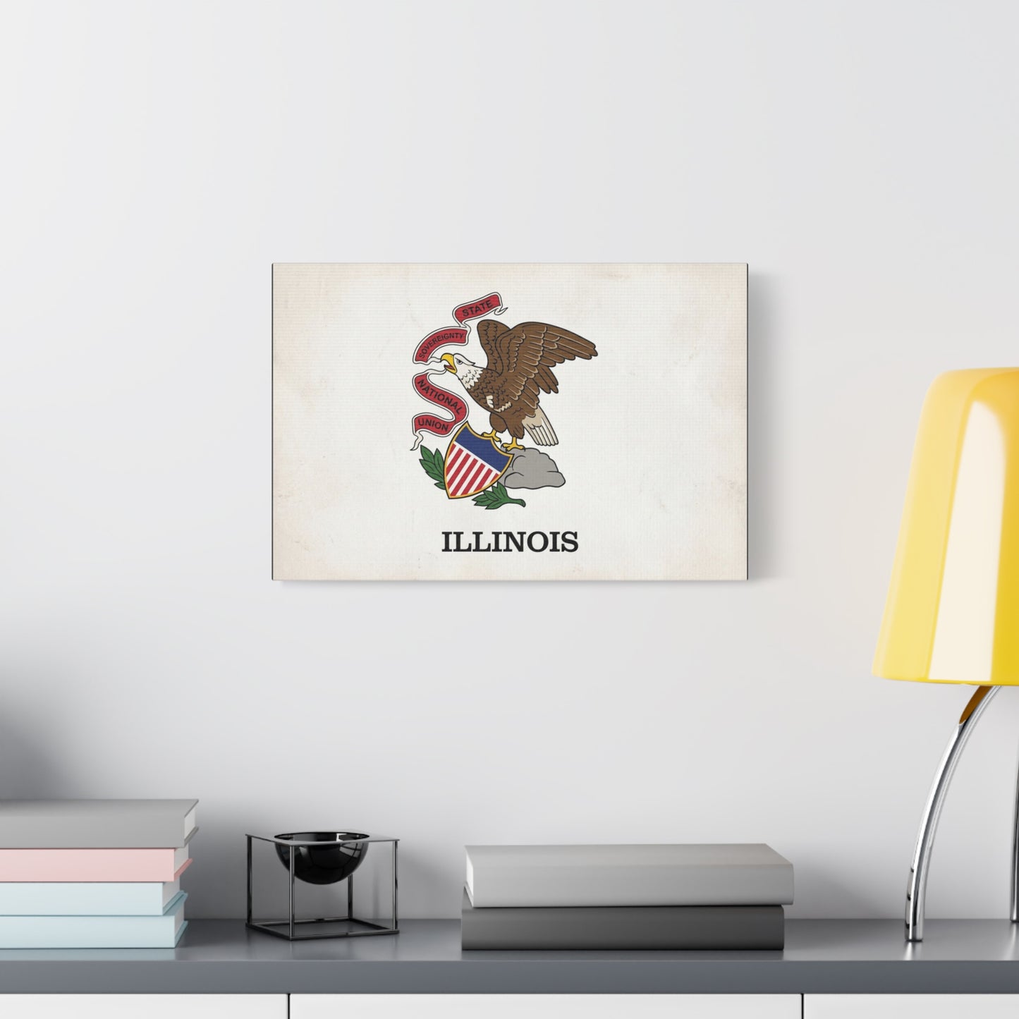 "Illinois" State Flag Canvas Wall Art - Bald Eagle Crest, Vintage State Pride Print - Matte Cotton Art Print - Traditional Americana Style - Living Room Decor, Office Accent - Living Room Wall Decor