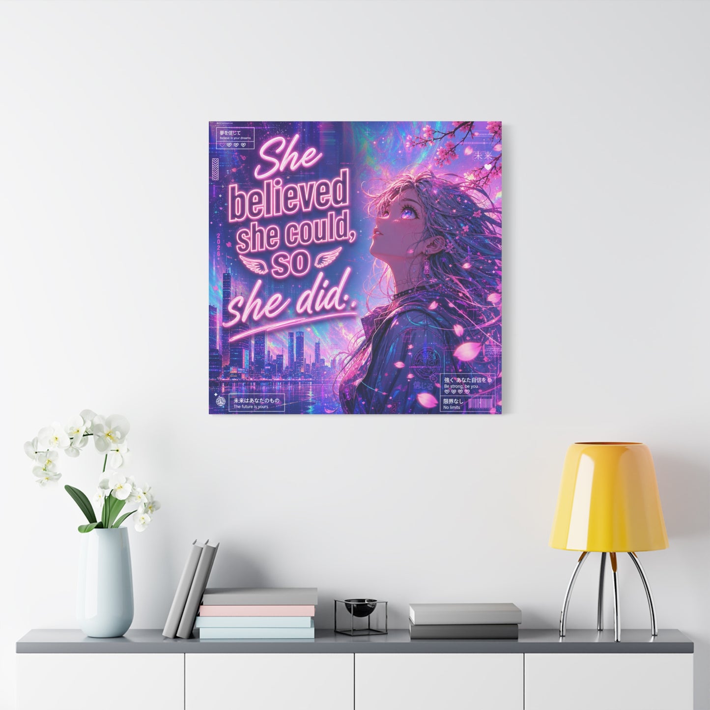 "She Believed She Could, So She Did" Anime Girl Canvas Wall Art - Neon Sakura Cityscape, Inspirational Typography Print - Contemporary Bedroom Wall Decor, Teenager Room Decor - Bedroom Home Decoration