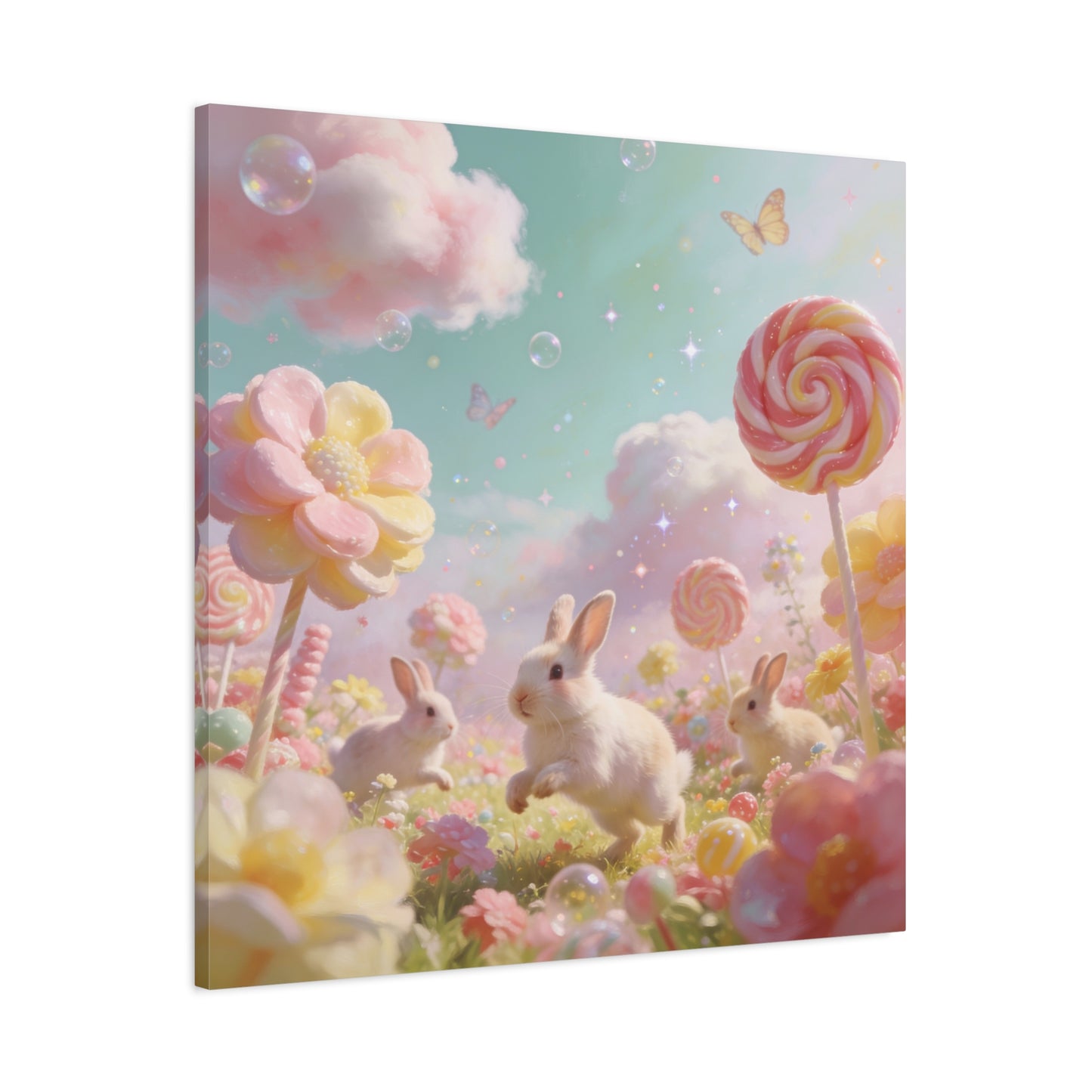 Bunny Candyland Canvas Wall Art - Pastel Rabbit Meadow, Lollipop Flowers, Dreamy Nursery Wall Decor - Whimsical Illustration - Bedroom Home Decoration, Kids Room Accent - Bedroom Home Decoration